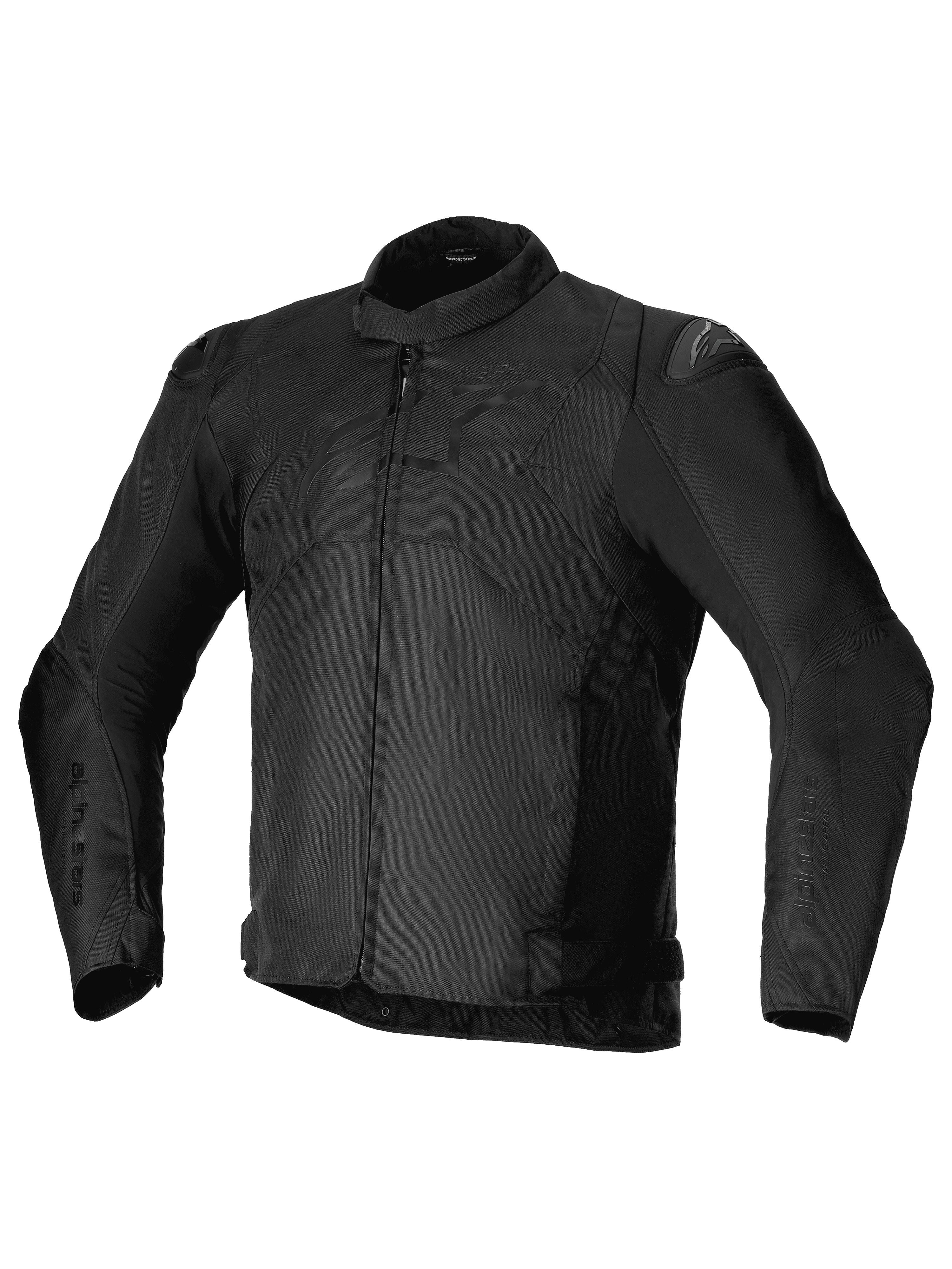 Alpinestars T-SP 1 V2 Waterproof Jacket, veste de moto de sport en textile, noire, col bas, longues manches pré-courbées, fermeture éclair frontale, sliders d'épaules DFS Lite, logo Alpinestars ton sur ton sur la poitrine