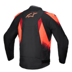 Alpinestars T-SP 1 V2 wasserdichte Jacke, Rückansicht, Schwarz und Rot Fluo, Textil-Motorradjacke mit markantem roten Astars-Logo auf dem oberen Rücken, sublimierten Grafiken und sportlich geschnittener Silhouette