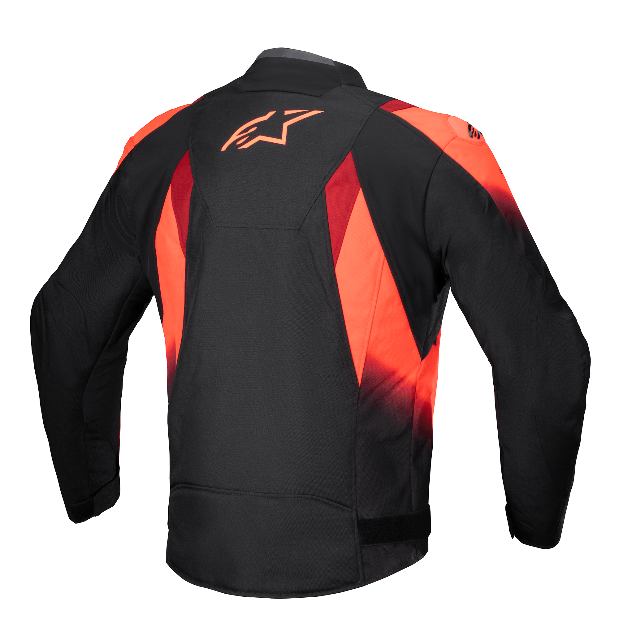 Alpinestars T-SP 1 V2 wasserdichte Jacke, Rückansicht, Schwarz und Rot Fluo, Textil-Motorradjacke mit markantem roten Astars-Logo auf dem oberen Rücken, sublimierten Grafiken und sportlich geschnittener Silhouette