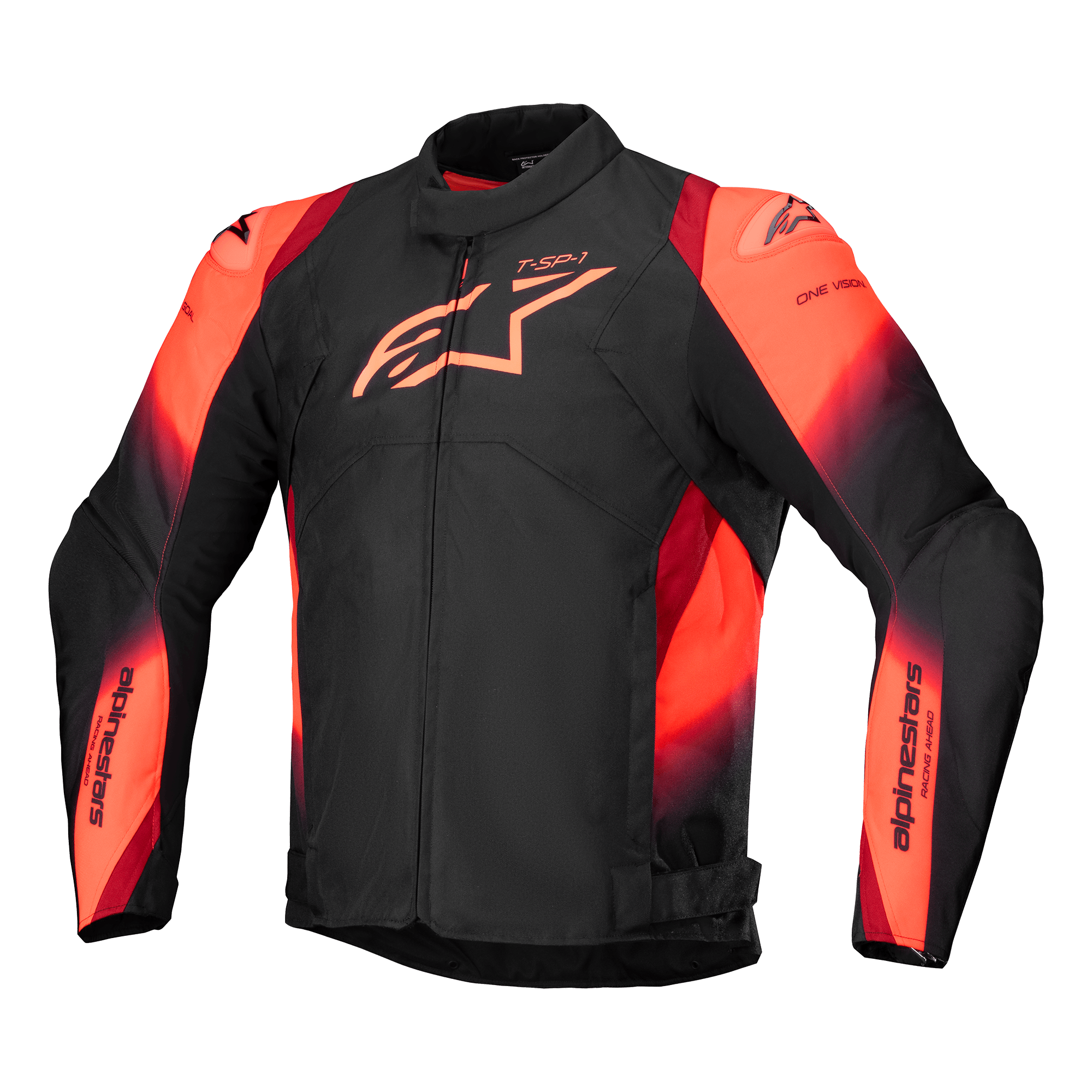 Alpinestars T-SP 1 V2 Waterproof Jacke, Motorradjacke, Schwarz und Fluo-Rot, mit hohem Kragen und langen Ärmeln, markantes Alpinestars Logo auf der Brust und Branding an den Ärmeln, sportliches Textildesign mit leuchtenden rötlich-orangen Akzenten, wasserdichte Konstruktion mit Schulterschliffern