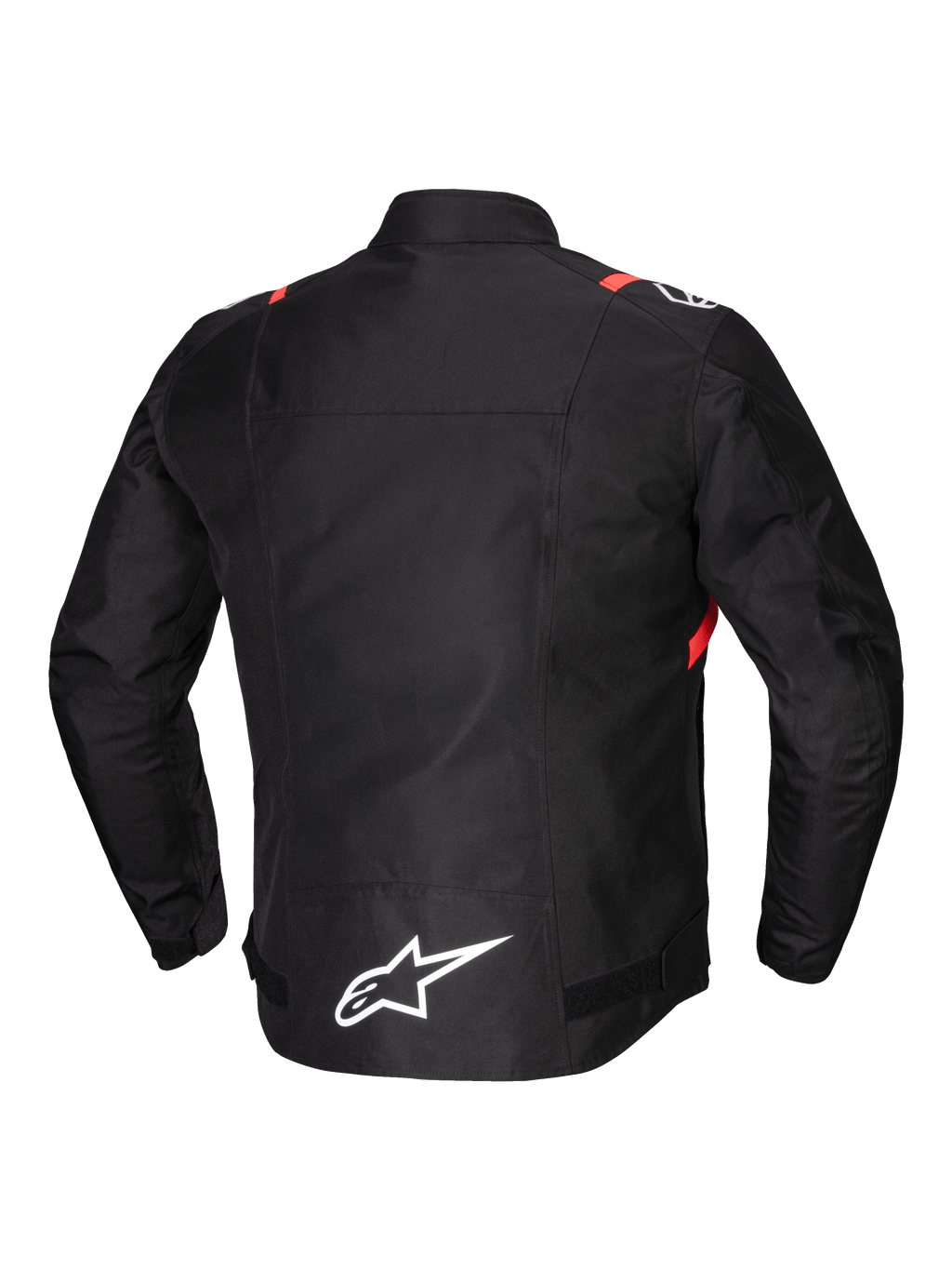 Alpinestars T-SPS V2 waterdichte motorjas voor heren, achteraanzicht, zwart met witte en fluo rode accenten, verlengd achterpand