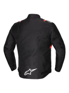 Alpinestars T-SPS V2 waterdichte motorjas voor heren, achteraanzicht, zwart met witte en fluo rode accenten, verlengd achterpand