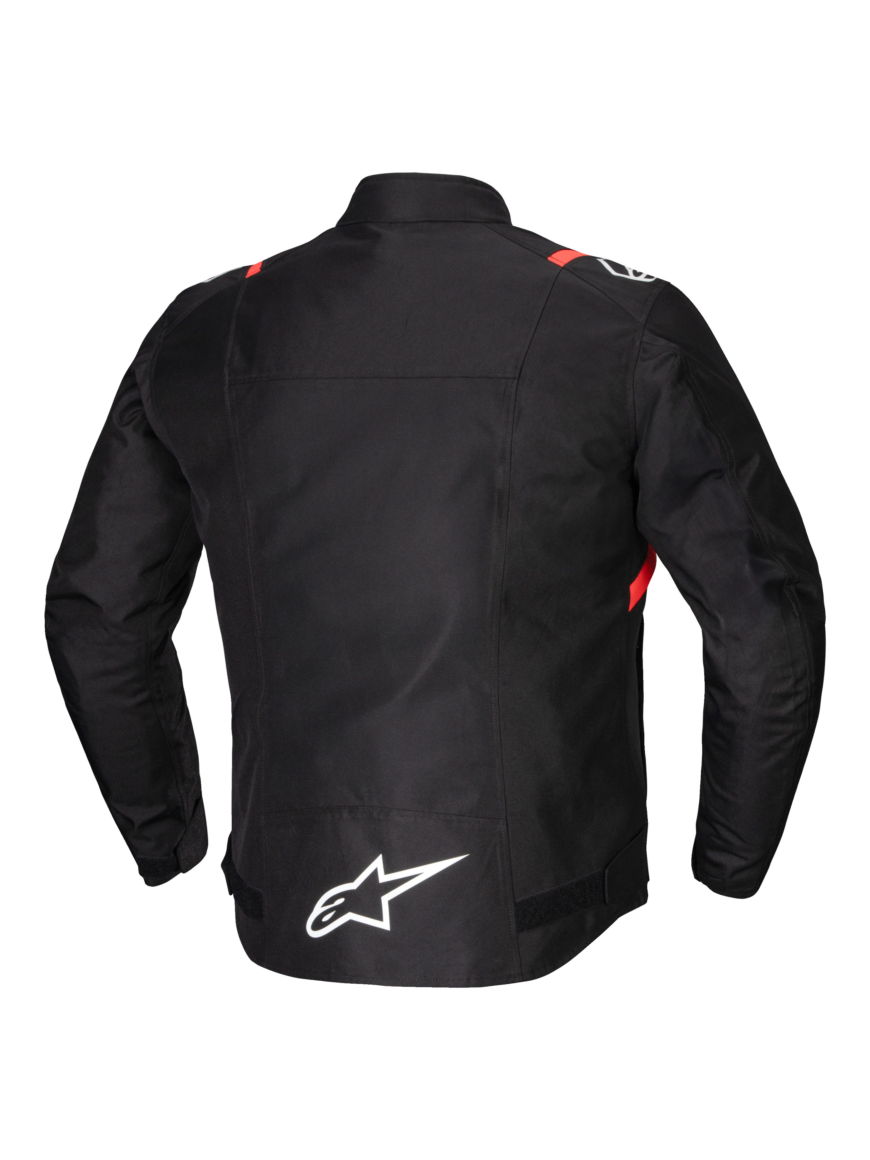 Alpinestars T-SPS V2 waterdichte motorjas voor heren, achteraanzicht, zwart met witte en fluo rode accenten, verlengd achterpand
