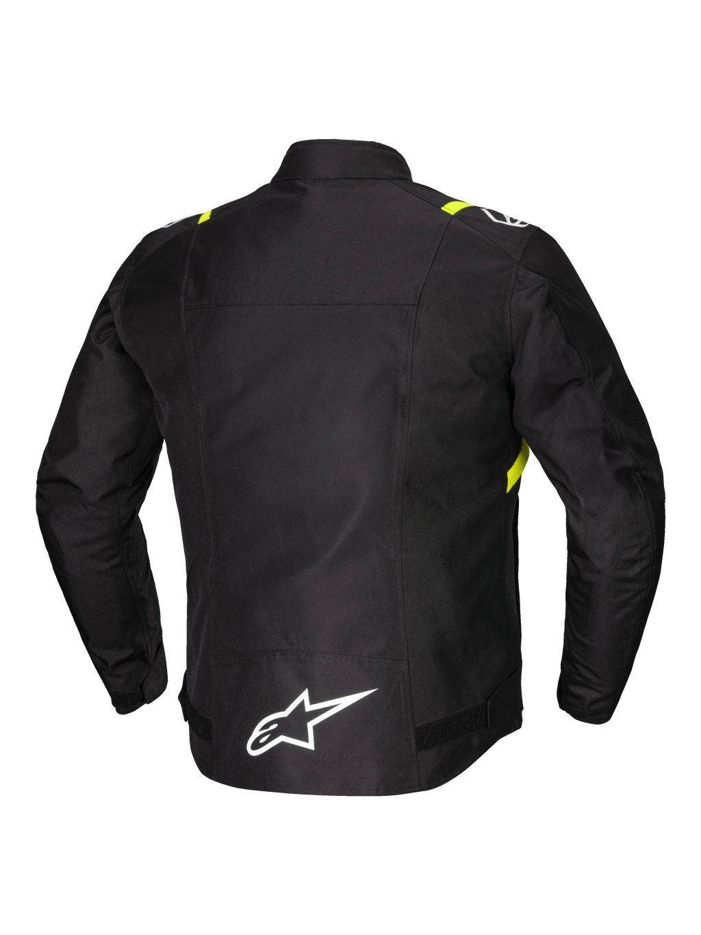Alpinestars T-SPS V2 Wasserdichte Jacke, Herren-Motorradjacke, Rückansicht mit reflektierenden Details und weißem Logo am verlängerten unteren Rücken, Schwarz mit weißen und gelb fluo Akzenten