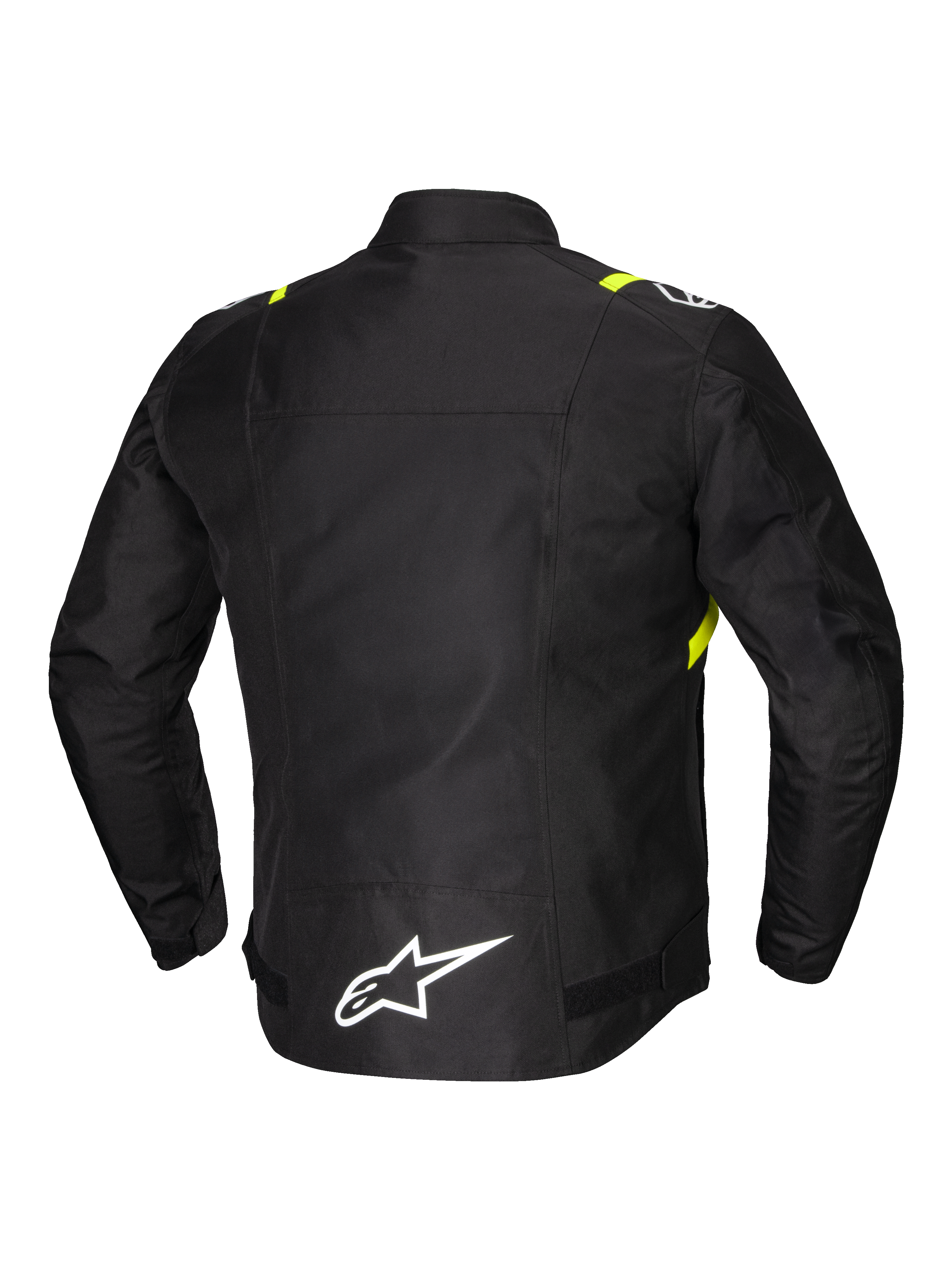 Alpinestars T-SPS V2 Wasserdichte Jacke, Herren-Motorradjacke, Rückansicht mit reflektierenden Details und weißem Logo am verlängerten unteren Rücken, Schwarz mit weißen und gelb fluo Akzenten