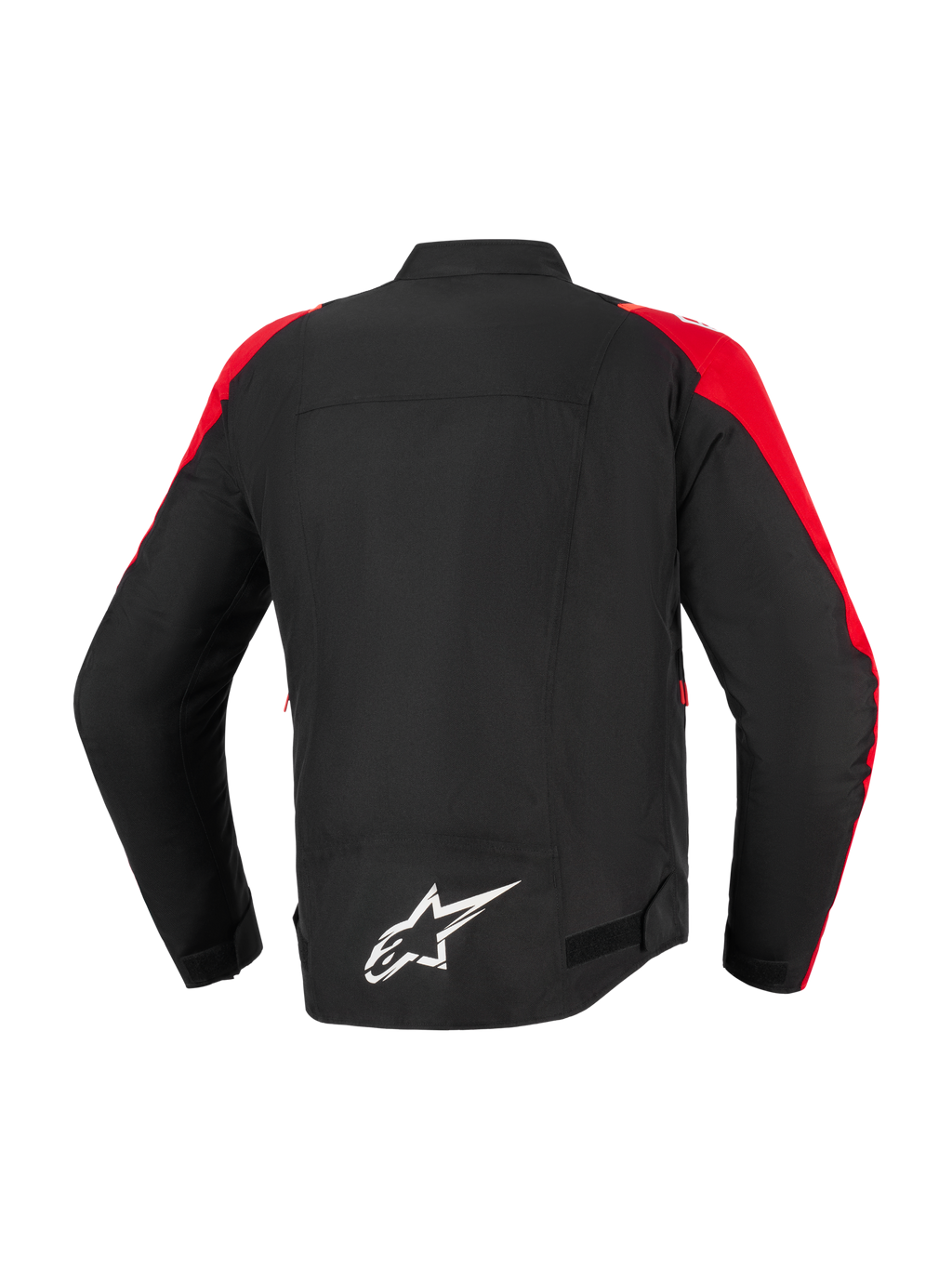Alpinestars T-SPS V2 Wasserdichte Jacke, Motorradjacke, Schwarz mit roten Akzenten, Rückansicht mit weißem Alpinestars-Logo auf dem unteren Rücken, sportlich geschnittenes Textildesign für Stadt- und Straßenfahrten