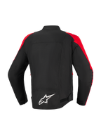 Alpinestars T-SPS V2 Wasserdichte Jacke, Motorradjacke, Schwarz mit roten Akzenten, Rückansicht mit weißem Alpinestars-Logo auf dem unteren Rücken, sportlich geschnittenes Textildesign für Stadt- und Straßenfahrten