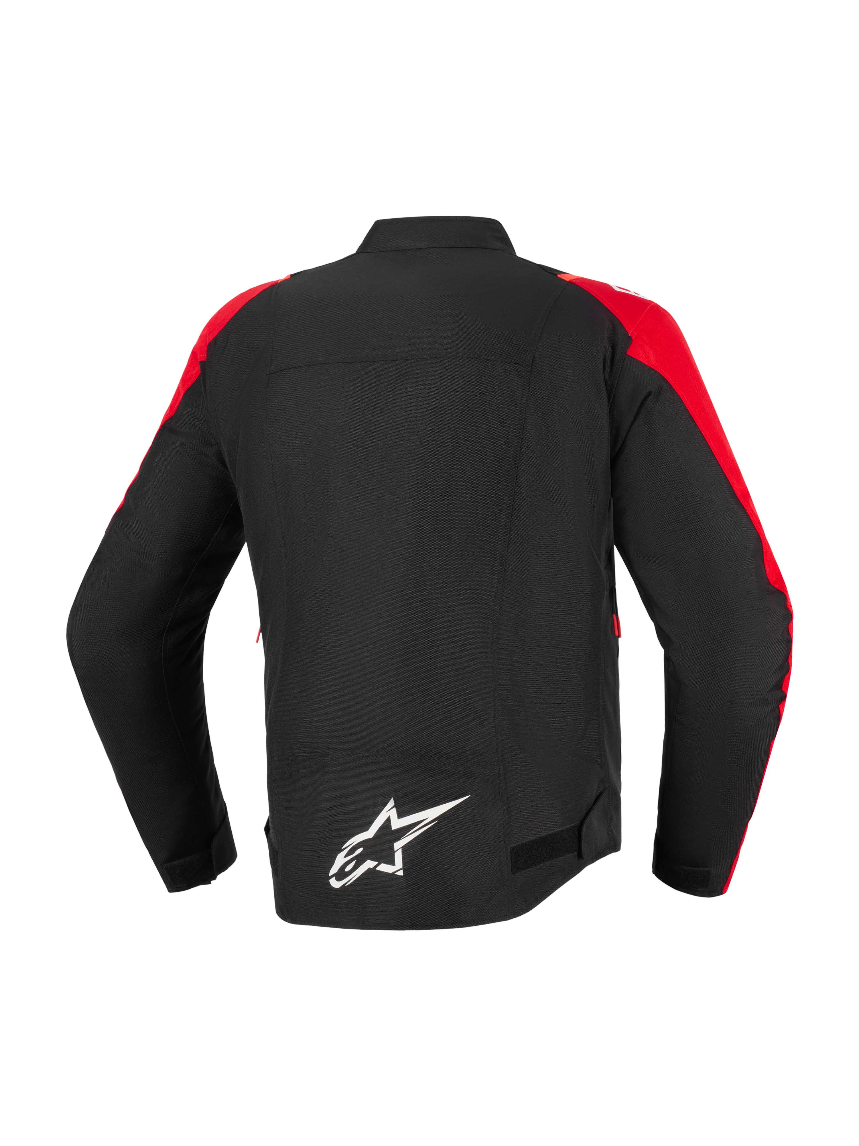 Alpinestars T-SPS V2 Wasserdichte Jacke, Motorradjacke, Schwarz mit roten Akzenten, Rückansicht mit weißem Alpinestars-Logo auf dem unteren Rücken, sportlich geschnittenes Textildesign für Stadt- und Straßenfahrten