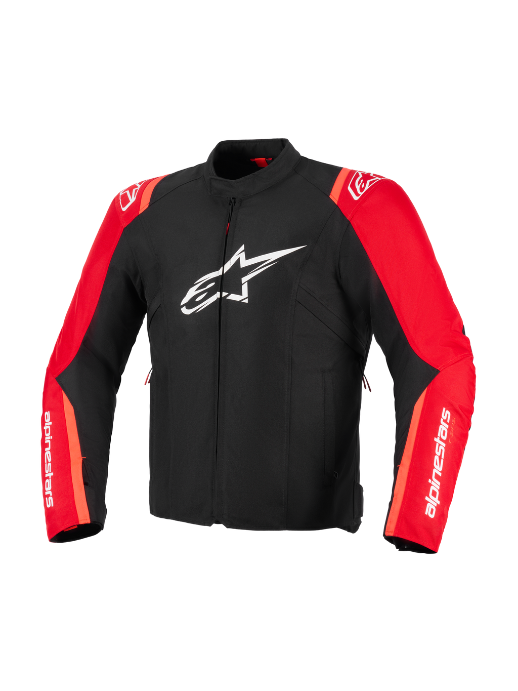 Alpinestars T-SPS V2 Wasserdichte Jacke, Schwarz und Rot Fluo, Textil-Motorradjacke, mit weißem Alpinestars Stern-Logo auf der Brust und weißem Branding auf den Ärmeln, sportlich geschnittenes, vom Rennsport inspiriertes Design