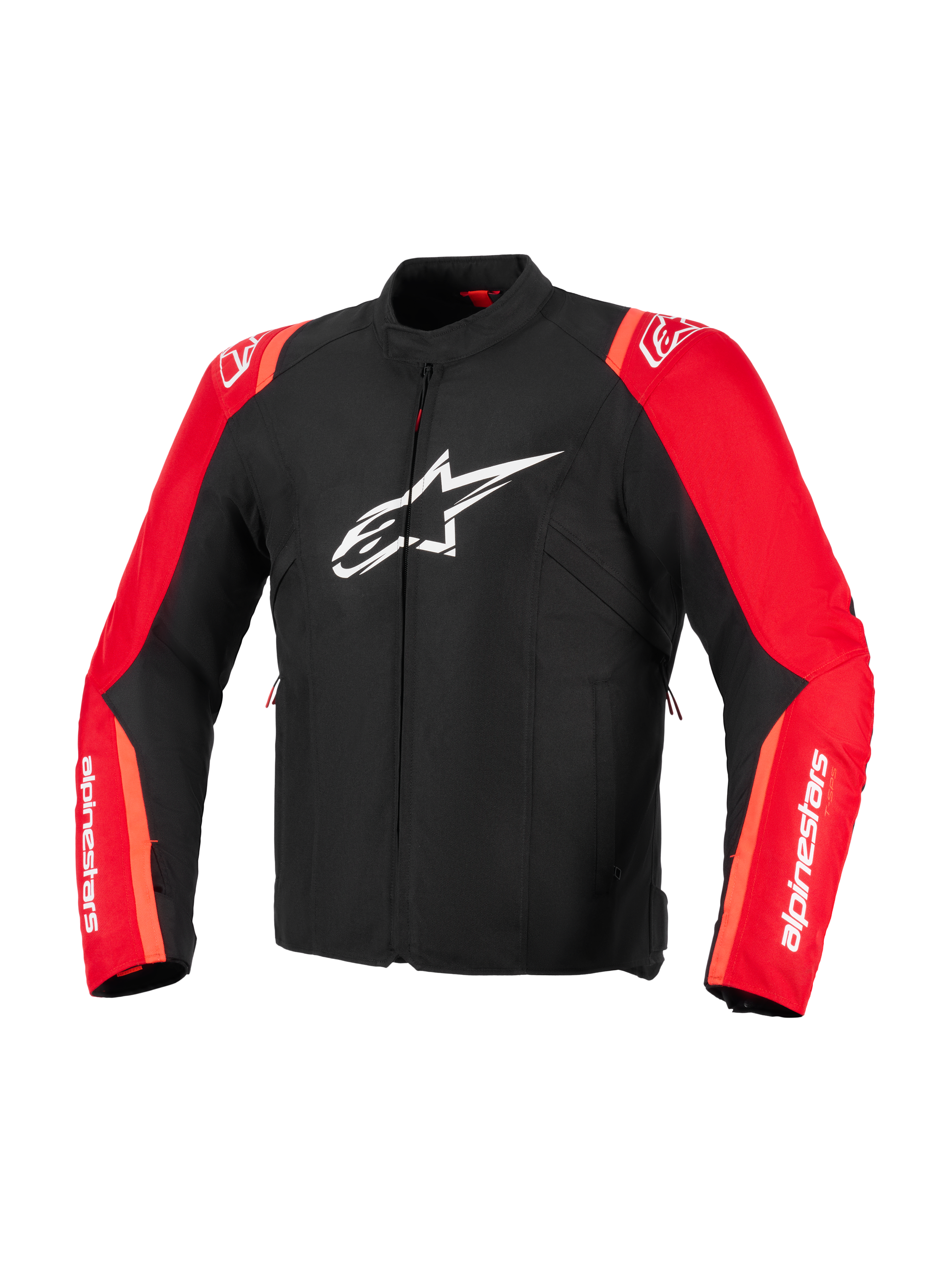 Alpinestars T-SPS V2 Wasserdichte Jacke, Schwarz und Rot Fluo, Textil-Motorradjacke, mit weißem Alpinestars Stern-Logo auf der Brust und weißem Branding auf den Ärmeln, sportlich geschnittenes, vom Rennsport inspiriertes Design
