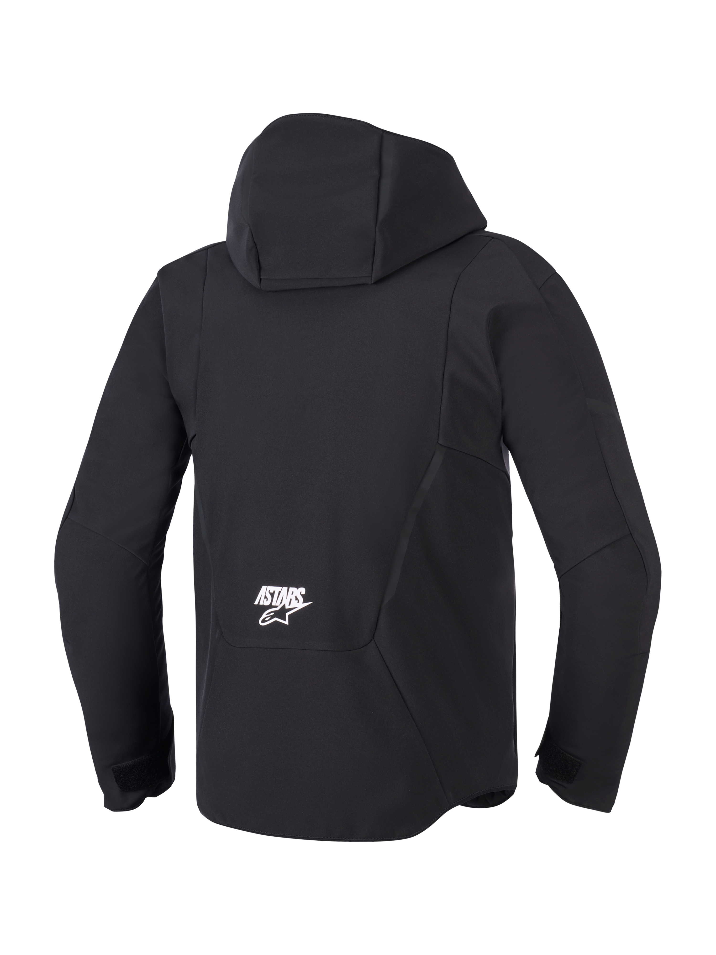Alpinestars Aeroshell Waterproof Jacke, Schwarz, Rückansicht mit integrierter Kapuze und weißem ASTARS-Logo auf dem unteren Rücken, moderne Softshell-Motorradjacke mit technischem wasserdichtem Design