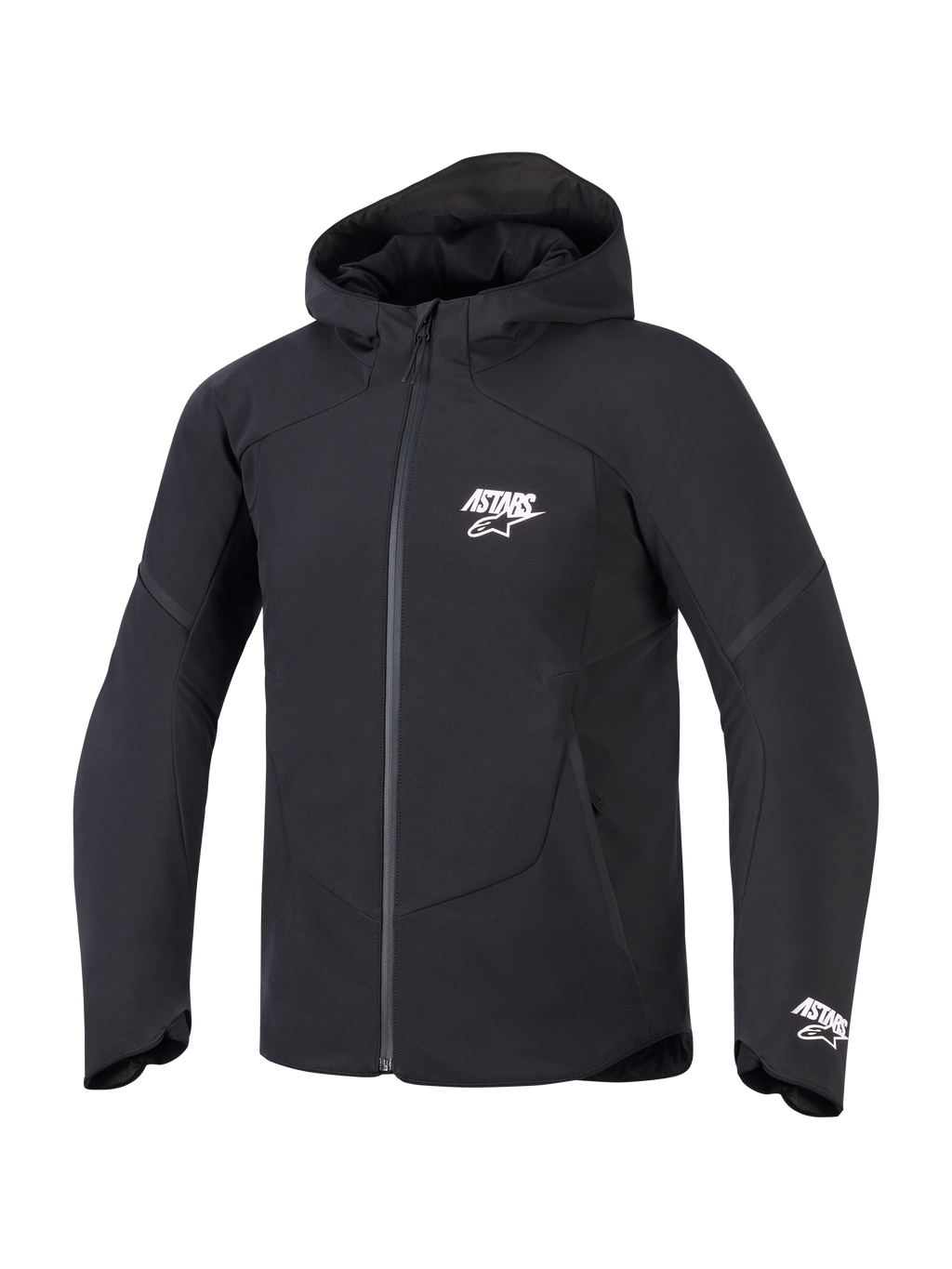 Alpinestars Aeroshell Waterproof Jacket, Schwarz, Vorderansicht einer Motorradjacke mit Kapuze, mit weißem ASTARS-Logo auf der Brust und am Ärmelbund, glattes Textil-Finish mit wasserdichtem Front-Reißverschluss