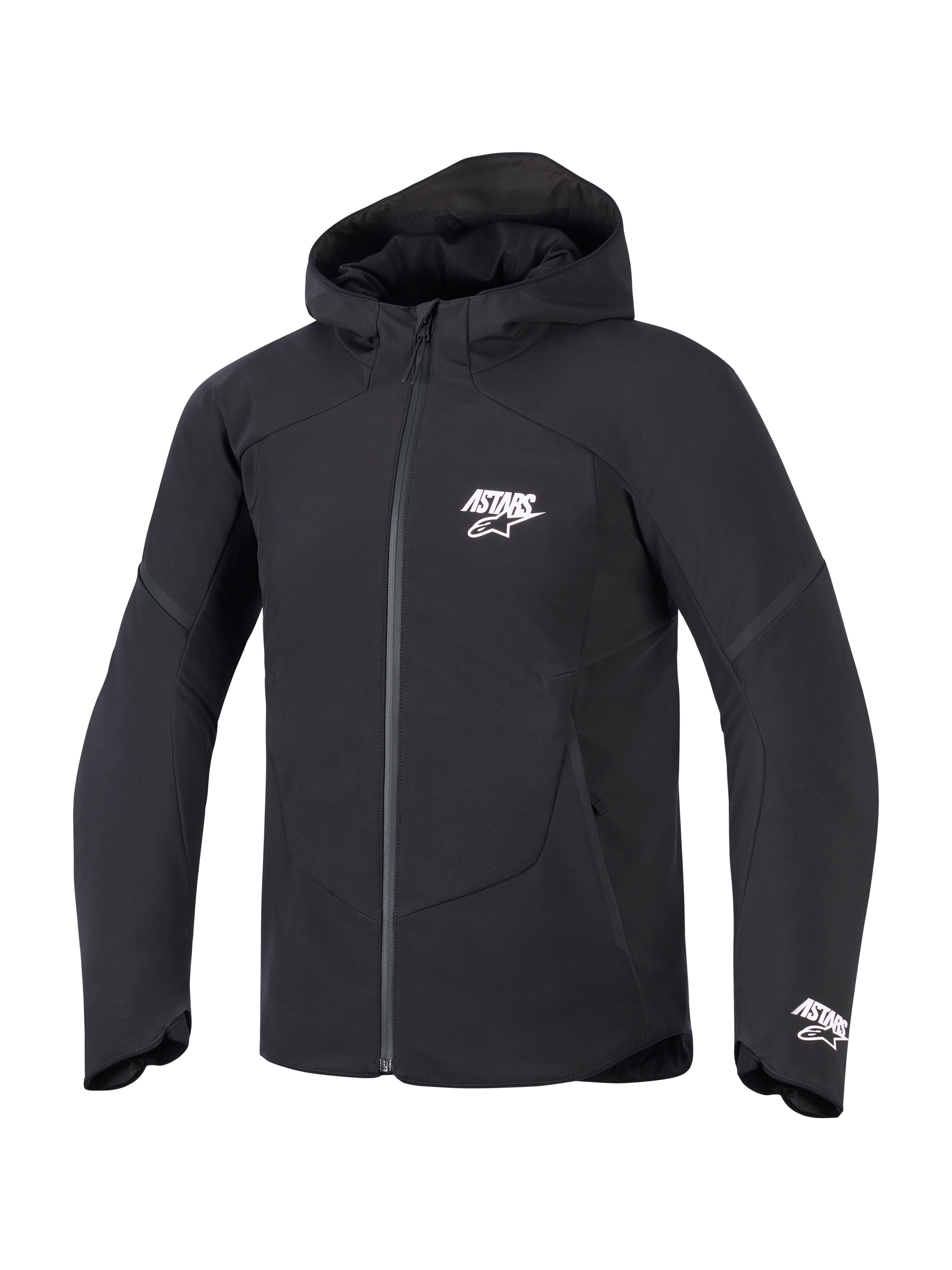 Alpinestars Aeroshell Waterproof Jacket, Schwarz, Vorderansicht einer Motorradjacke mit Kapuze, mit weißem ASTARS-Logo auf der Brust und am Ärmelbund, glattes Textil-Finish mit wasserdichtem Front-Reißverschluss