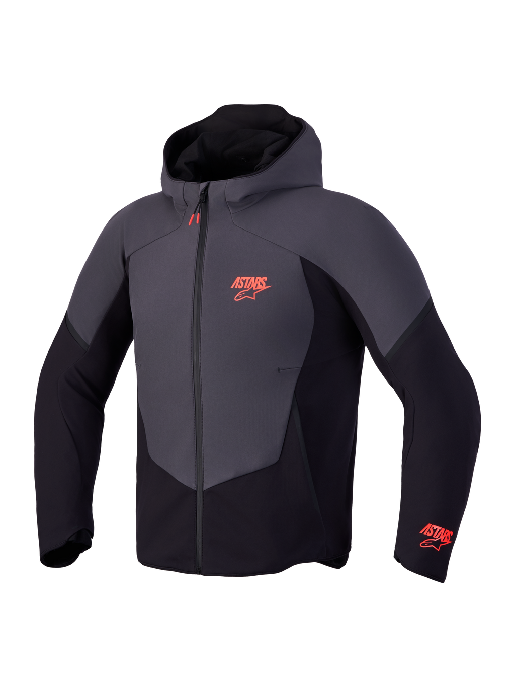 Alpinestars Aeroshell WP jas, waterdichte softshell motorjas met capuchon, zwart en donkergrijs met rode logo-accenten
