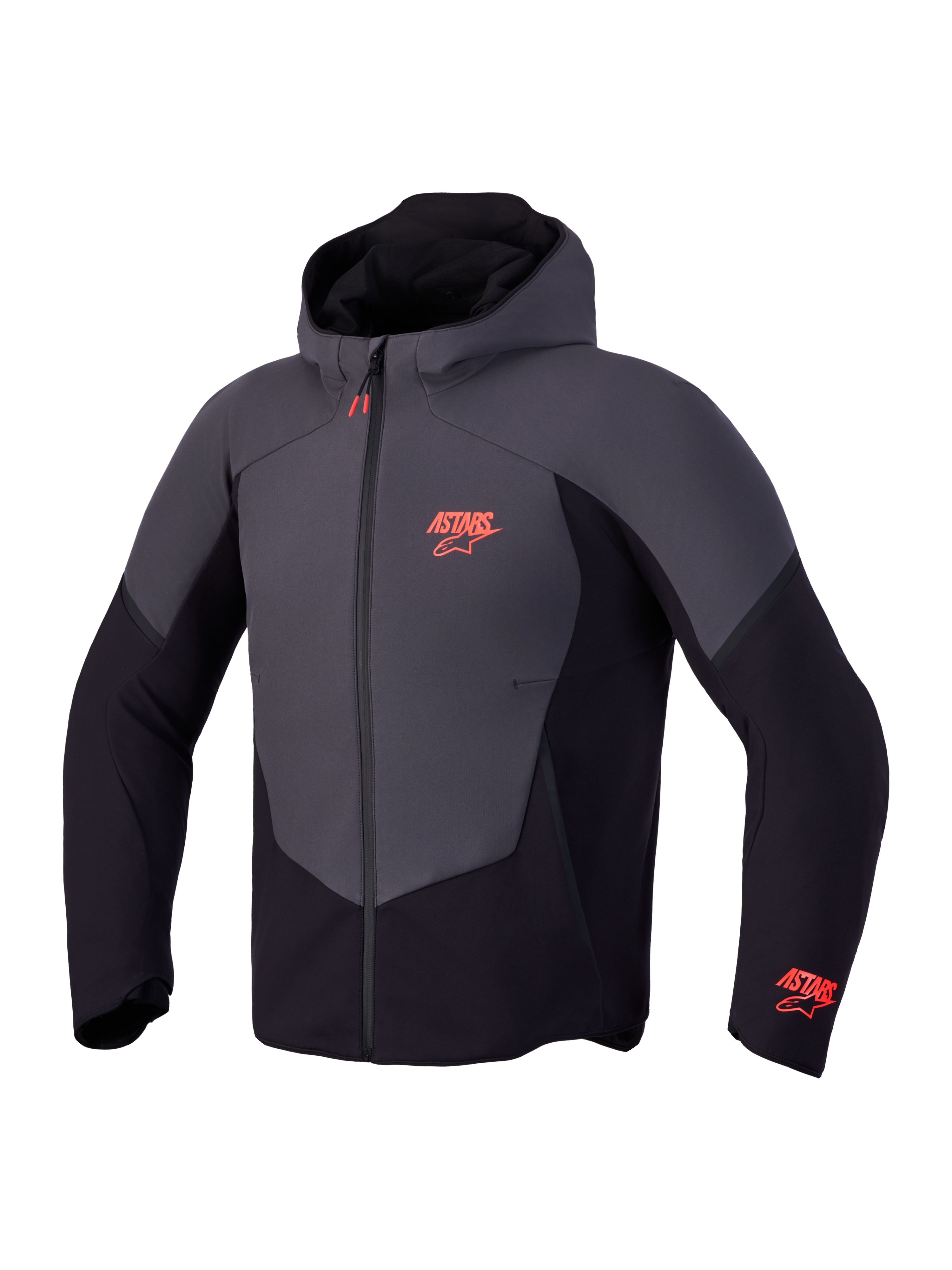 Alpinestars Aeroshell WP jas, waterdichte softshell motorjas met capuchon, zwart en donkergrijs met rode logo-accenten