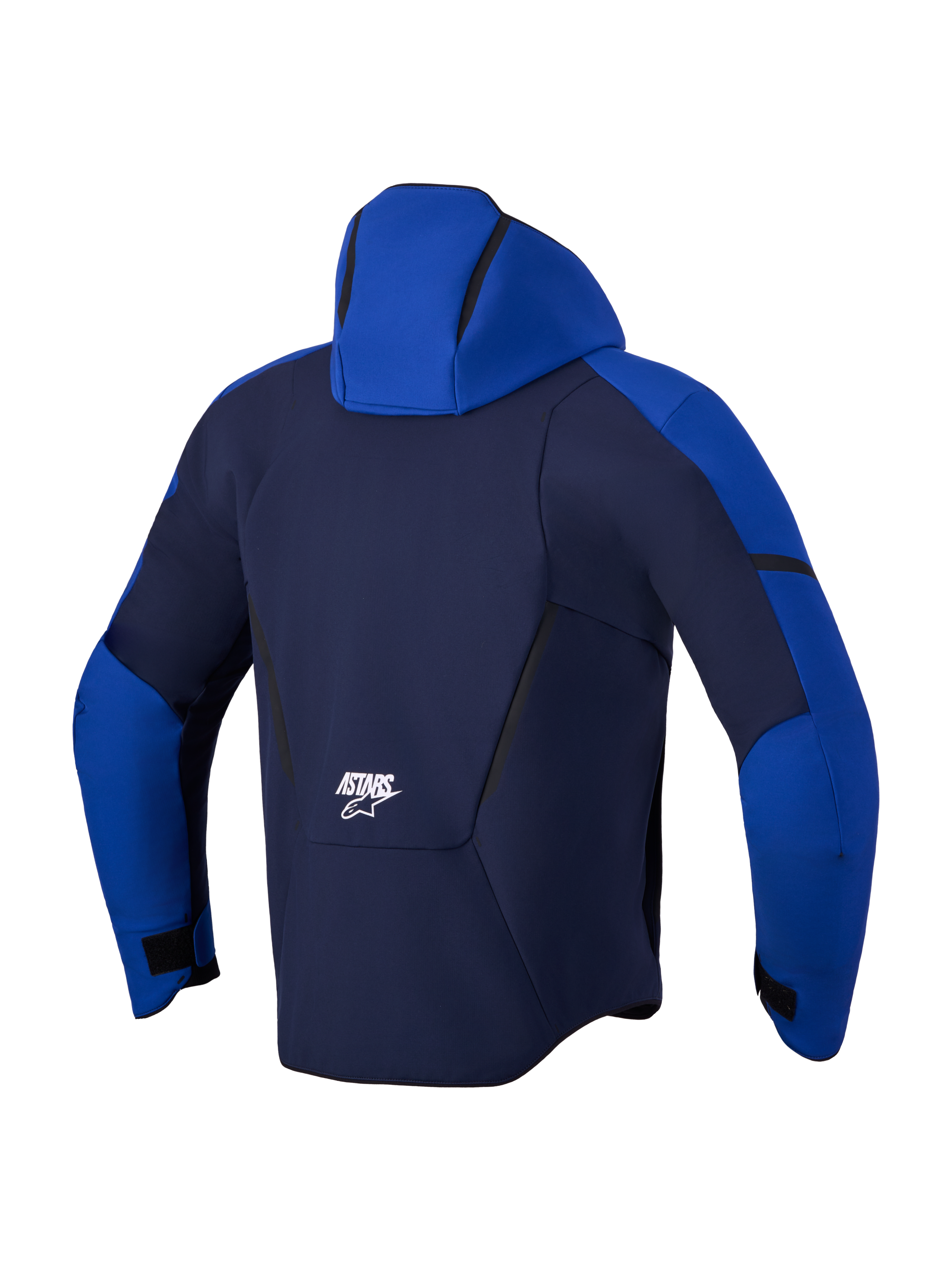 Alpinestars Aeroshell WP jas, waterdichte motorjas, achteraanzicht met capuchon en branding, donkerblauw en felblauw, waterdichte en ademende stretchconstructie