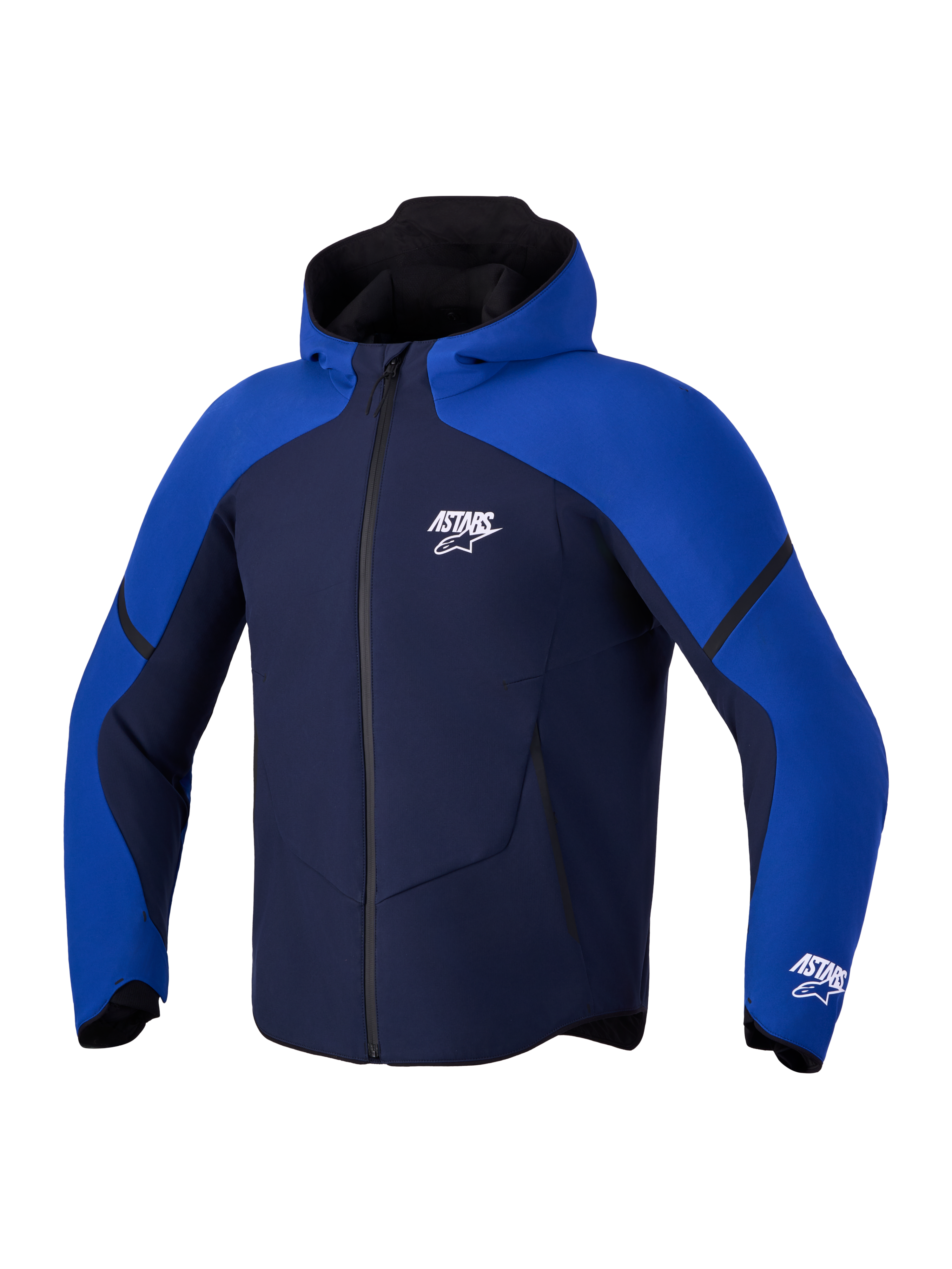 Alpinestars Aeroshell WP jas, CE-gecertificeerde motorsoftshell-hoodie, donkerblauw en felblauw, waterdicht getapete membraan met capuchon