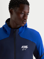 Alpinestars Aeroshell Wp jas, waterdichte heren motorjas en sport hoodie, donkerblauw en felblauw, wit ASTARS-logo, waterdichte ritssluiting aan de voorzijde, portret