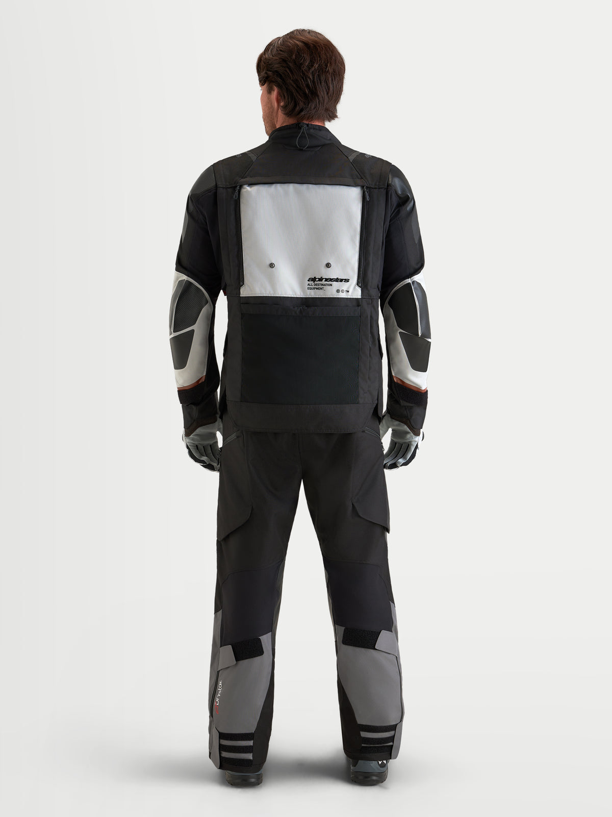 Alpinestars Harok V2 Drystar jas, heren adventure touring textiel motorjas, donkergrijs en ijsgrijs, achteraanzicht met modulair ventilatiepaneel en CE-beschermingsconstructie
