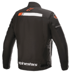 Alpinestars T-SP S Ignition Wasserdichte Jacke, Motorradjacke, Schwarz, Weiß und Neonrot, Rückansicht mit weißem und fluoreszierend rotem horizontalem Streifen über den Schultern, Alpinestars-Logo am Kragen und am unteren Rücken, strapazierfähige Textilkonstruktion für den Stadtverkehr.