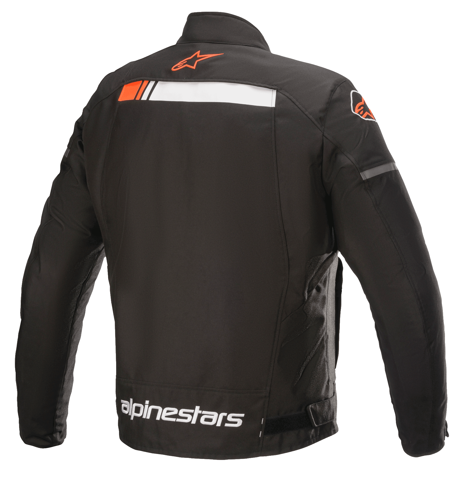 Alpinestars T-SP S Ignition Wasserdichte Jacke, Motorradjacke, Schwarz, Weiß und Neonrot, Rückansicht mit weißem und fluoreszierend rotem horizontalem Streifen über den Schultern, Alpinestars-Logo am Kragen und am unteren Rücken, strapazierfähige Textilkonstruktion für den Stadtverkehr.