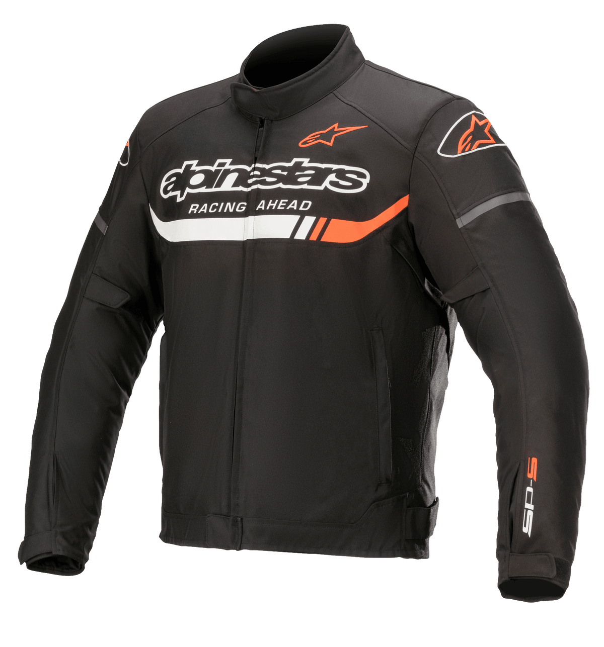 Alpinestars T-SP S Ignition Wasserdichte Jacke, schwarze Textil-Motorradjacke mit weißen und fluo-roten Akzenten, Alpinestars-Branding und „Racing Ahead“-Schriftzug auf der Brust, SP-S Logo auf dem Ärmel, hoher Kragen und verstellbare Taille