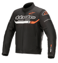 Alpinestars T-SP S Ignition Wasserdichte Jacke, schwarze Textil-Motorradjacke mit weißen und fluo-roten Akzenten, Alpinestars-Branding und „Racing Ahead“-Schriftzug auf der Brust, SP-S Logo auf dem Ärmel, hoher Kragen und verstellbare Taille