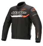 Alpinestars T-SP S Ignition Wasserdichte Jacke, schwarze Textil-Motorradjacke mit weißen und fluo-roten Akzenten, Alpinestars-Branding und „Racing Ahead“-Schriftzug auf der Brust, SP-S Logo auf dem Ärmel, hoher Kragen und verstellbare Taille