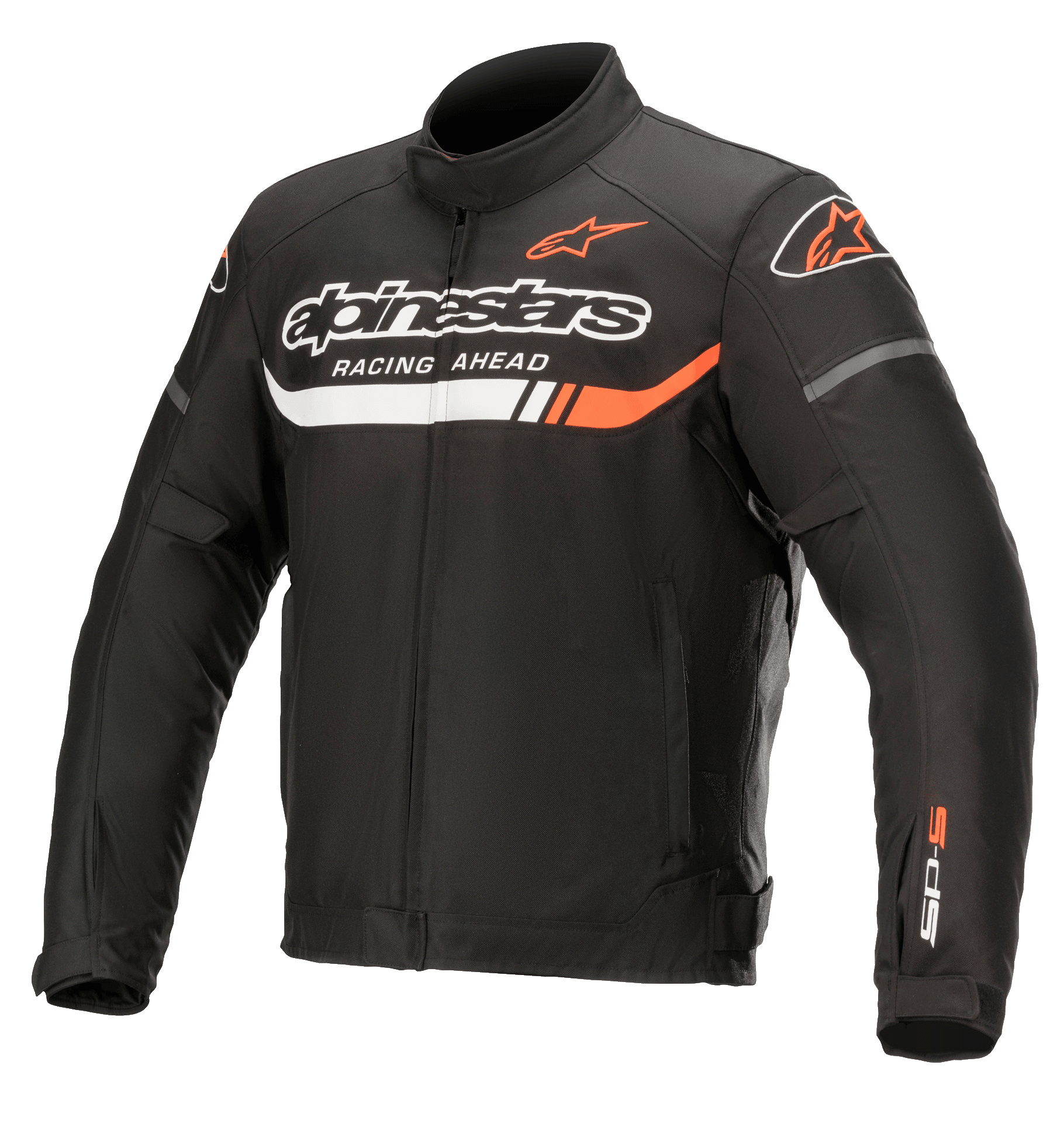 Alpinestars T-SP S Ignition Wasserdichte Jacke, schwarze Textil-Motorradjacke mit weißen und fluo-roten Akzenten, Alpinestars-Branding und „Racing Ahead“-Schriftzug auf der Brust, SP-S Logo auf dem Ärmel, hoher Kragen und verstellbare Taille