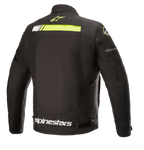 Alpinestars T-SP S Ignition Wasserdichte Jacke, Textil-Motorradjacke, Schwarz und Neongelb, Rückansicht mit horizontalem neongelbem Streifen am oberen Rücken, weißem Alpinestars-Logo an der Taille und kleinem gelbem Stern-Logo am Kragen