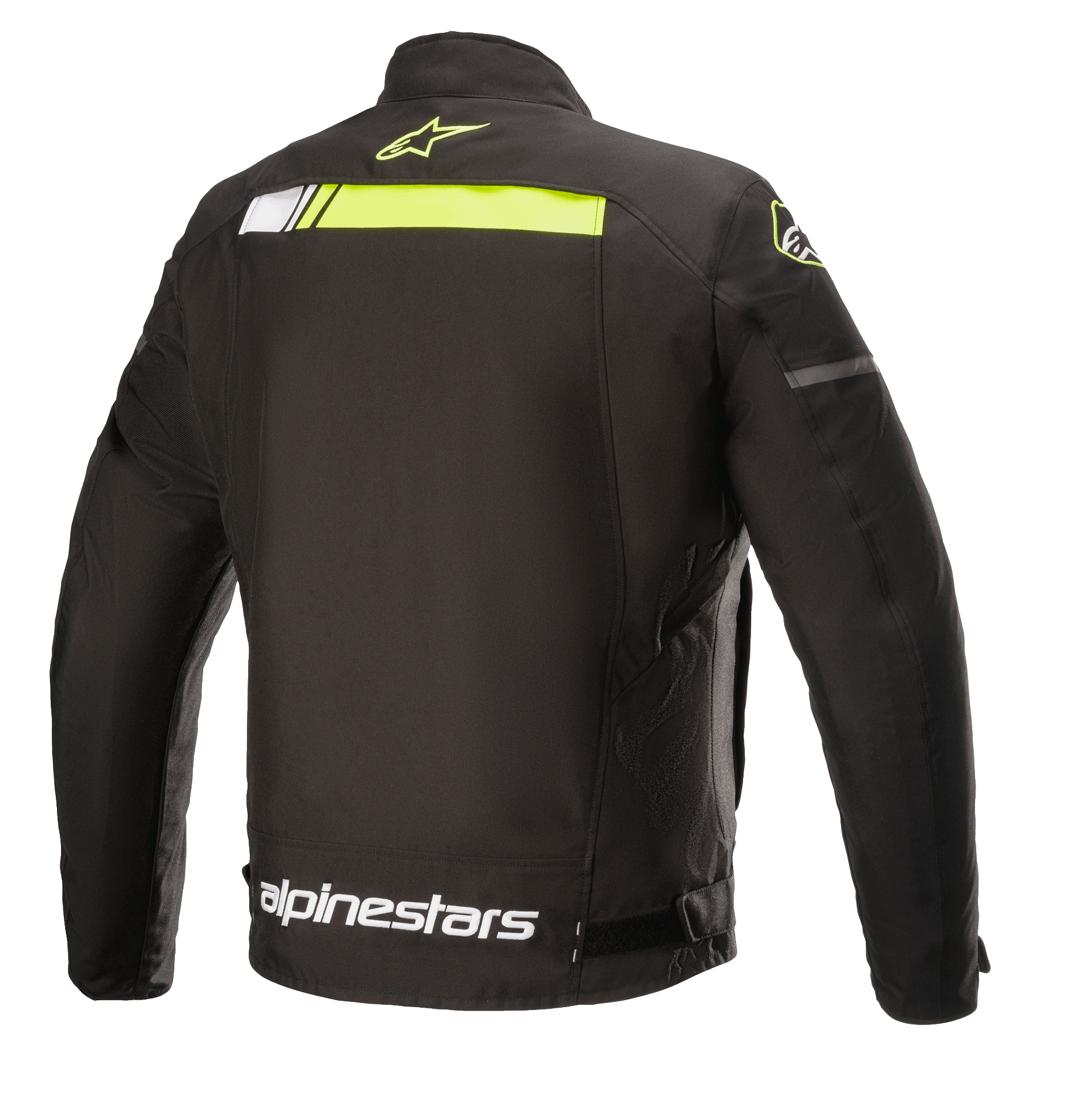 Alpinestars T-SP S Ignition Wasserdichte Jacke, Textil-Motorradjacke, Schwarz und Neongelb, Rückansicht mit horizontalem neongelbem Streifen am oberen Rücken, weißem Alpinestars-Logo an der Taille und kleinem gelbem Stern-Logo am Kragen