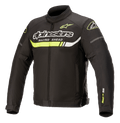 Alpinestars T-SP S Ignition Waterproof Jacket, Textil-Motorradjacke, Schwarz mit neongelben und weißen Akzenten, markantes Alpinestars-Branding und „Racing Ahead“-Schriftzug auf der Brust, neongelber horizontaler Streifen, schlankes vom Rennsport inspiriertes Design