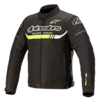 Alpinestars T-SP S Ignition Waterproof Jacket, Textil-Motorradjacke, Schwarz mit neongelben und weißen Akzenten, markantes Alpinestars-Branding und „Racing Ahead“-Schriftzug auf der Brust, neongelber horizontaler Streifen, schlankes vom Rennsport inspiriertes Design