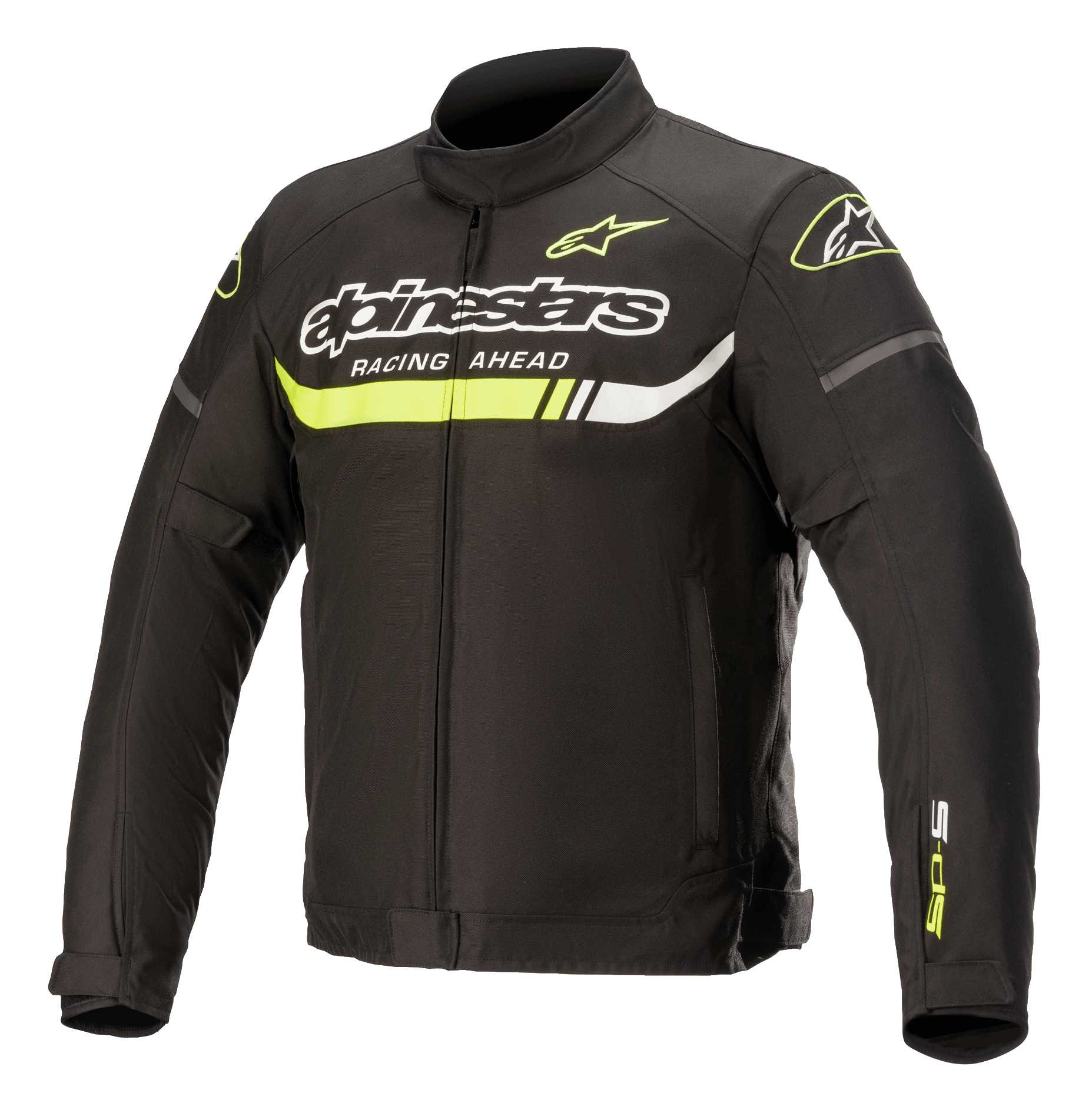 Alpinestars T-SP S Ignition Waterproof Jacket, Textil-Motorradjacke, Schwarz mit neongelben und weißen Akzenten, markantes Alpinestars-Branding und „Racing Ahead“-Schriftzug auf der Brust, neongelber horizontaler Streifen, schlankes vom Rennsport inspiriertes Design