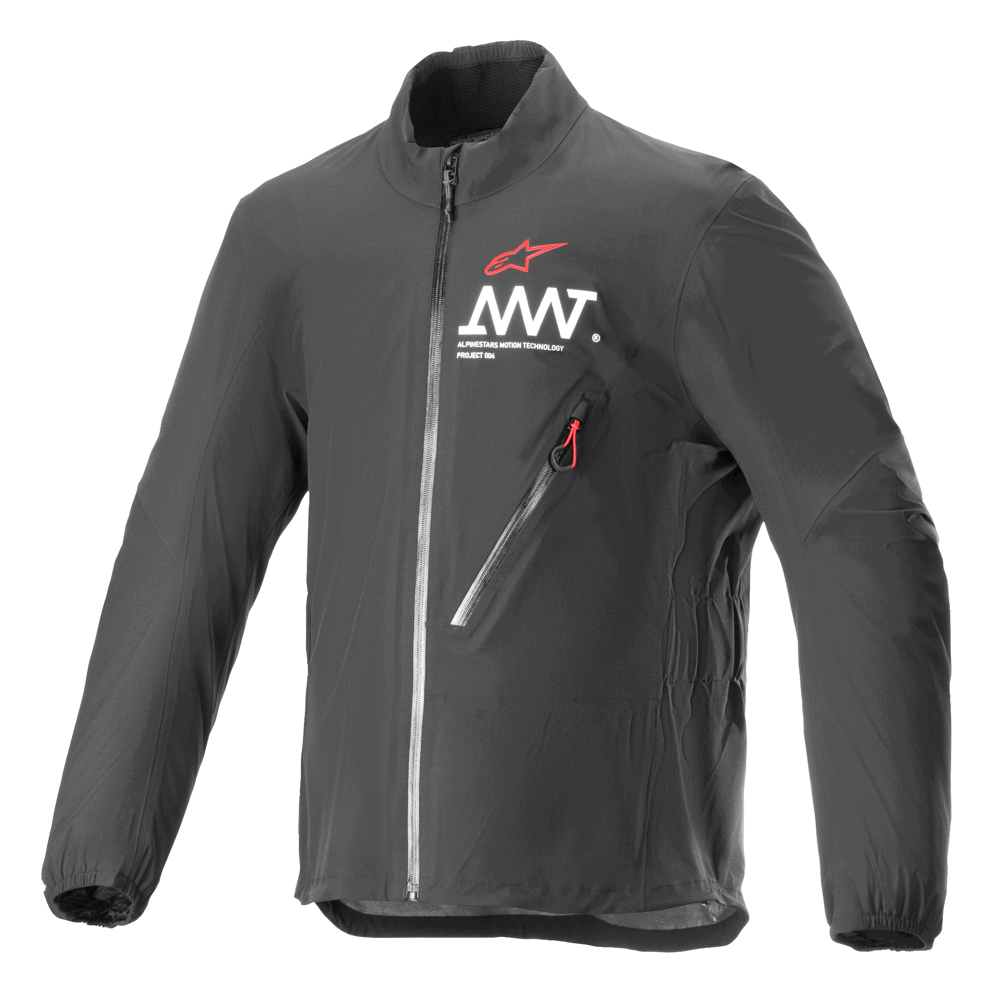 Alpinestars AMT Storm Gear Drystar XF Jacket, zwarte waterdichte en ademende motorjas, hoge kraag, diagonale borstzak met ritssluiting en rode ritstrekker, wit AMT-logo op de borst