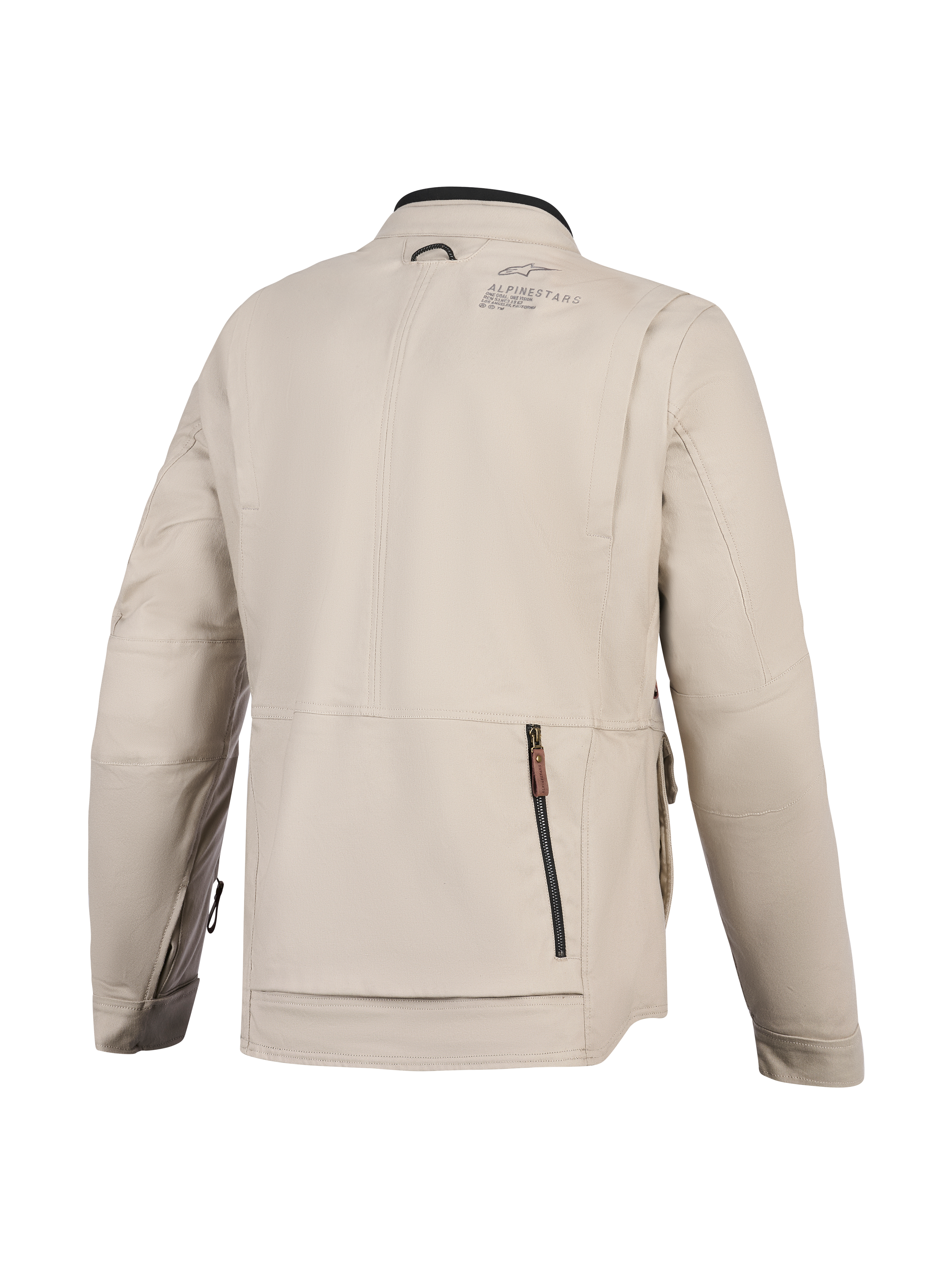 Veste Alpinestars Borrego Drystar®, veste de moto, Gris chaud, vue arrière montrant un grand compartiment zippé au dos, construction en toile textile durable avec logo Alpinestars sur l'épaule, design prêt pour l'aventure