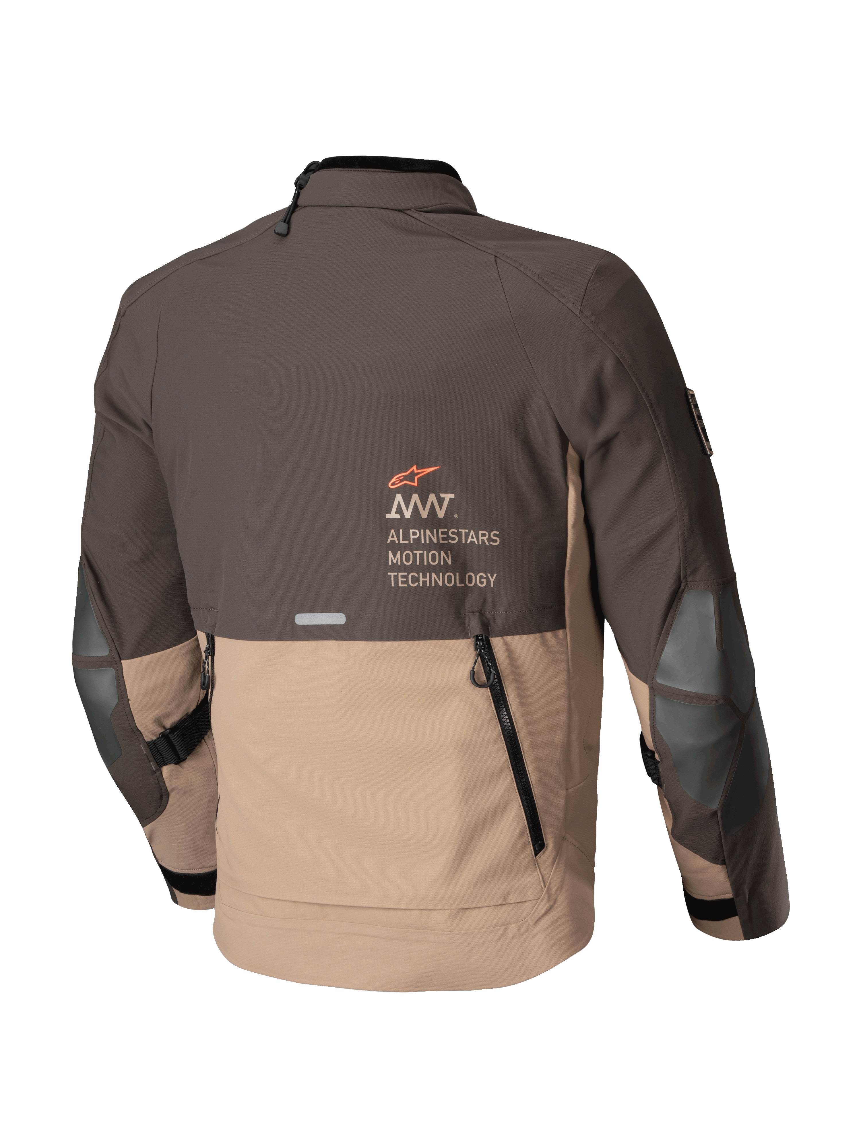 Alpinestars AMT-8 Stretch Drystar® XF Jacket, adventure touring motorcycle jacket, Dark Brown and Dark Khaki, rear view showing shingle exhaust vent and Alpinestars Motion Technology branding