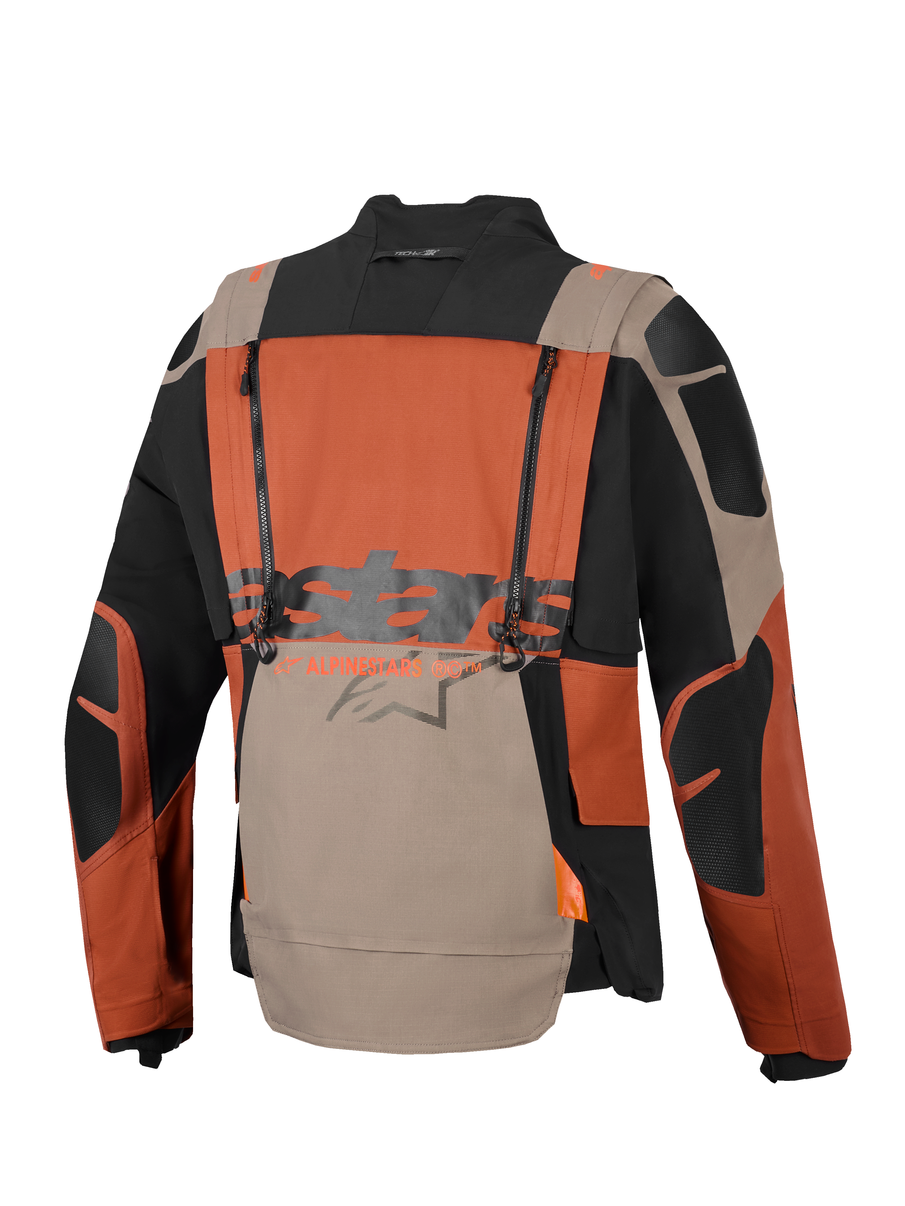Alpinestars Halo Pro Drystar® XF Gelamineerd Jack, adventure motorjas, Walnut Rust Black, achteraanzicht met verticale ventilatieritsen, grote Alpinestars-branding in het midden en duurzame ripstop textielconstructie