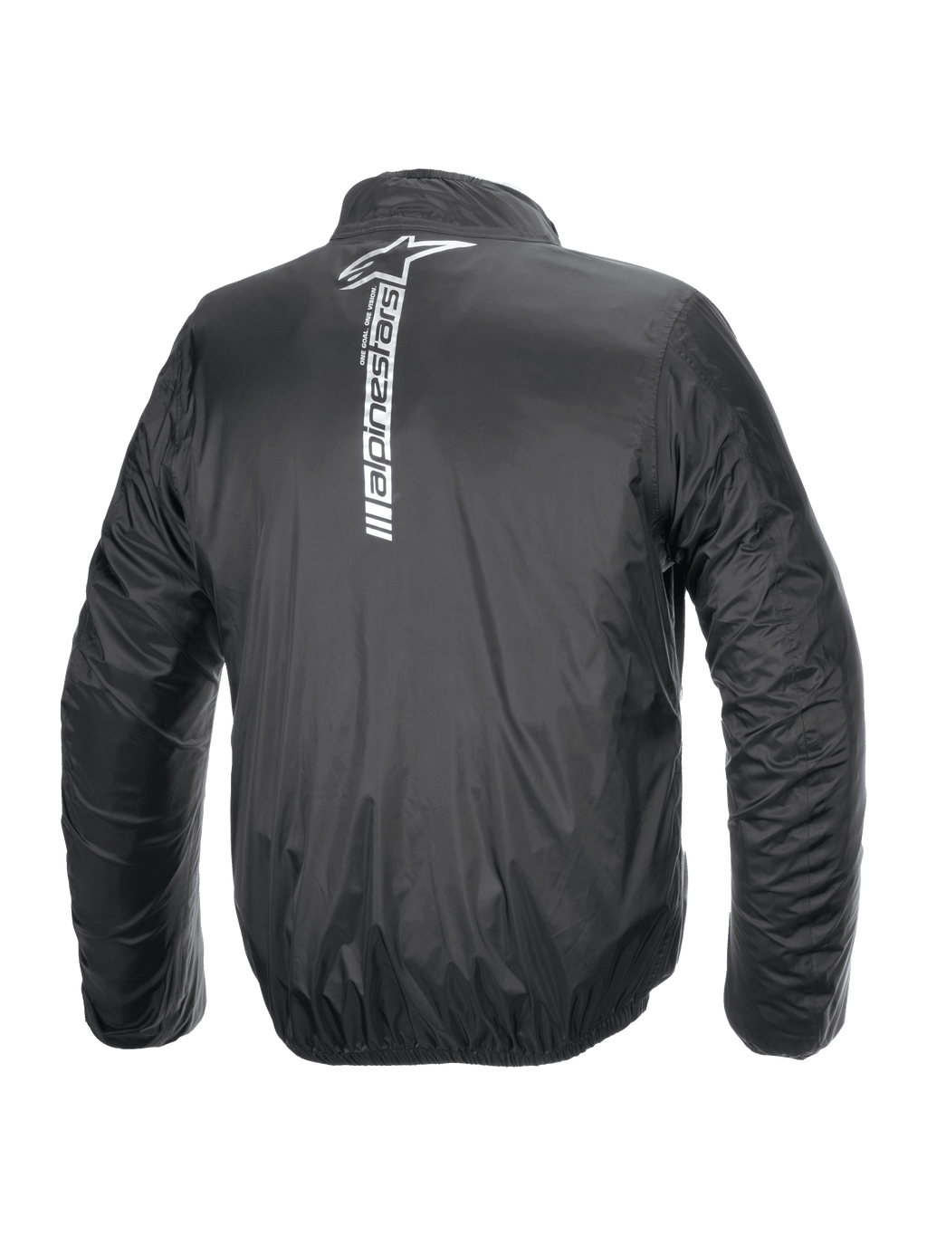 Veste Alpinestars Hurricane Rain V2, veste de pluie imperméable pour moto, noire, vue arrière avec un grand logo et lettrage Alpinestars blancs verticaux au centre du dos, tissu laminé léger avec poignets et taille élastiqués