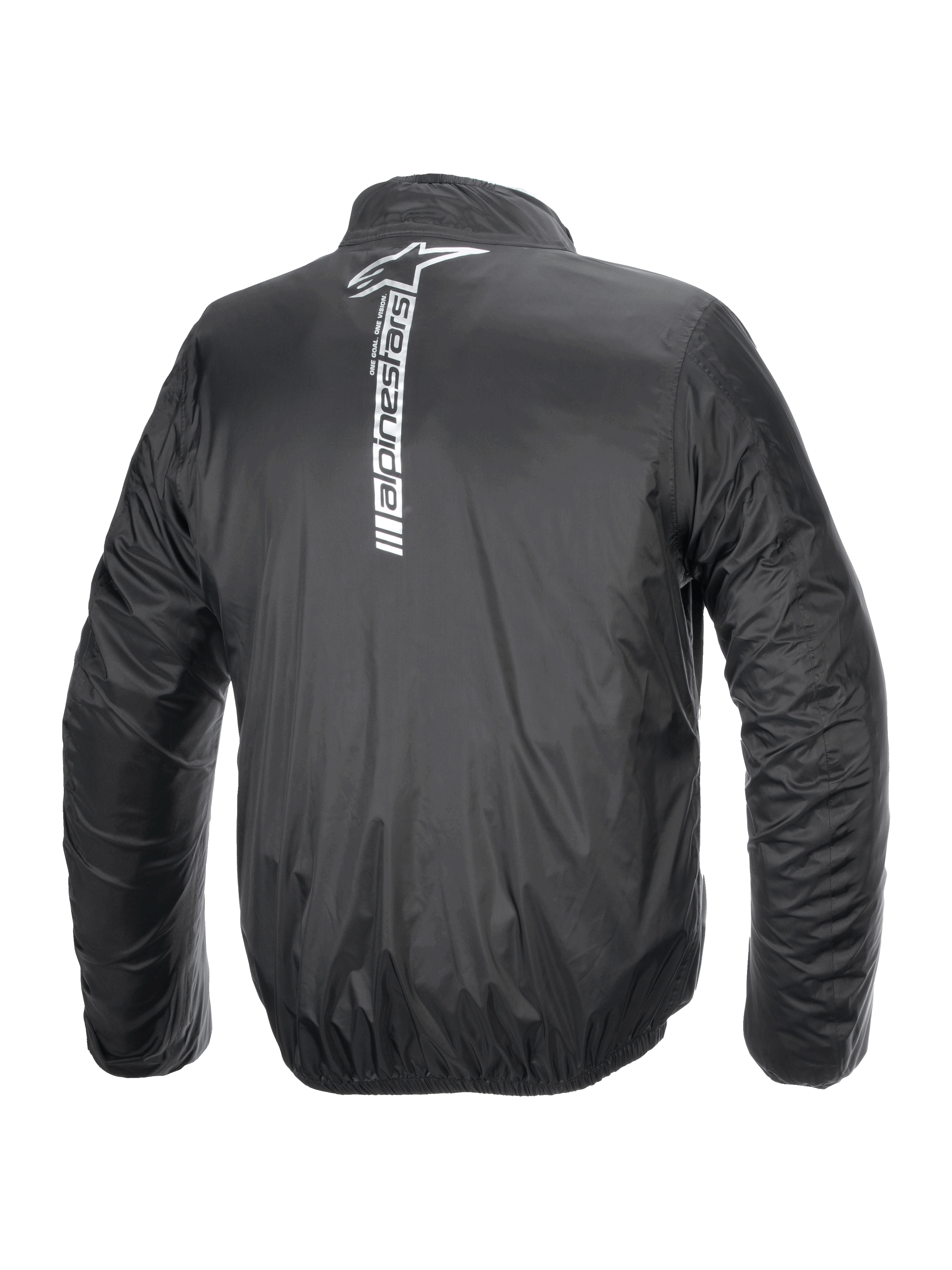 Veste Alpinestars Hurricane Rain V2, veste de pluie imperméable pour moto, noire, vue arrière avec un grand logo et lettrage Alpinestars blancs verticaux au centre du dos, tissu laminé léger avec poignets et taille élastiqués