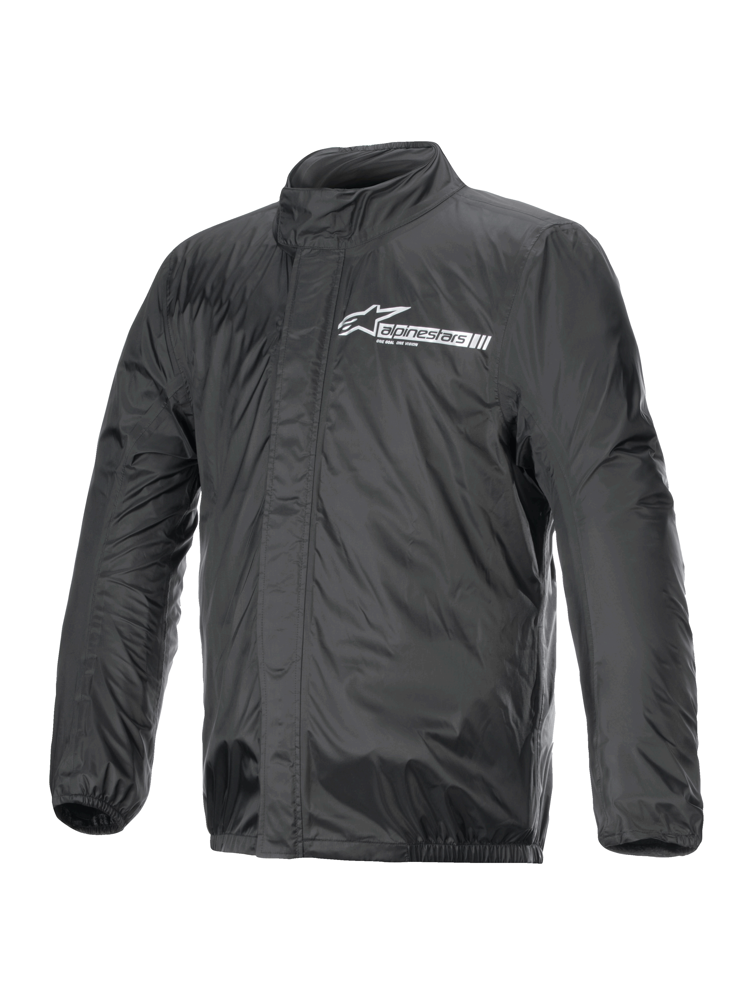 Alpinestars Hurricane Rain V2 Jas, motorregenjas, zwart, voorzien van wit Alpinestars-logo op de borst, hoge kraag, ritssluiting aan de voorzijde met stormflap, elastische manchetten en zoom, waterdicht gelamineerd textiel