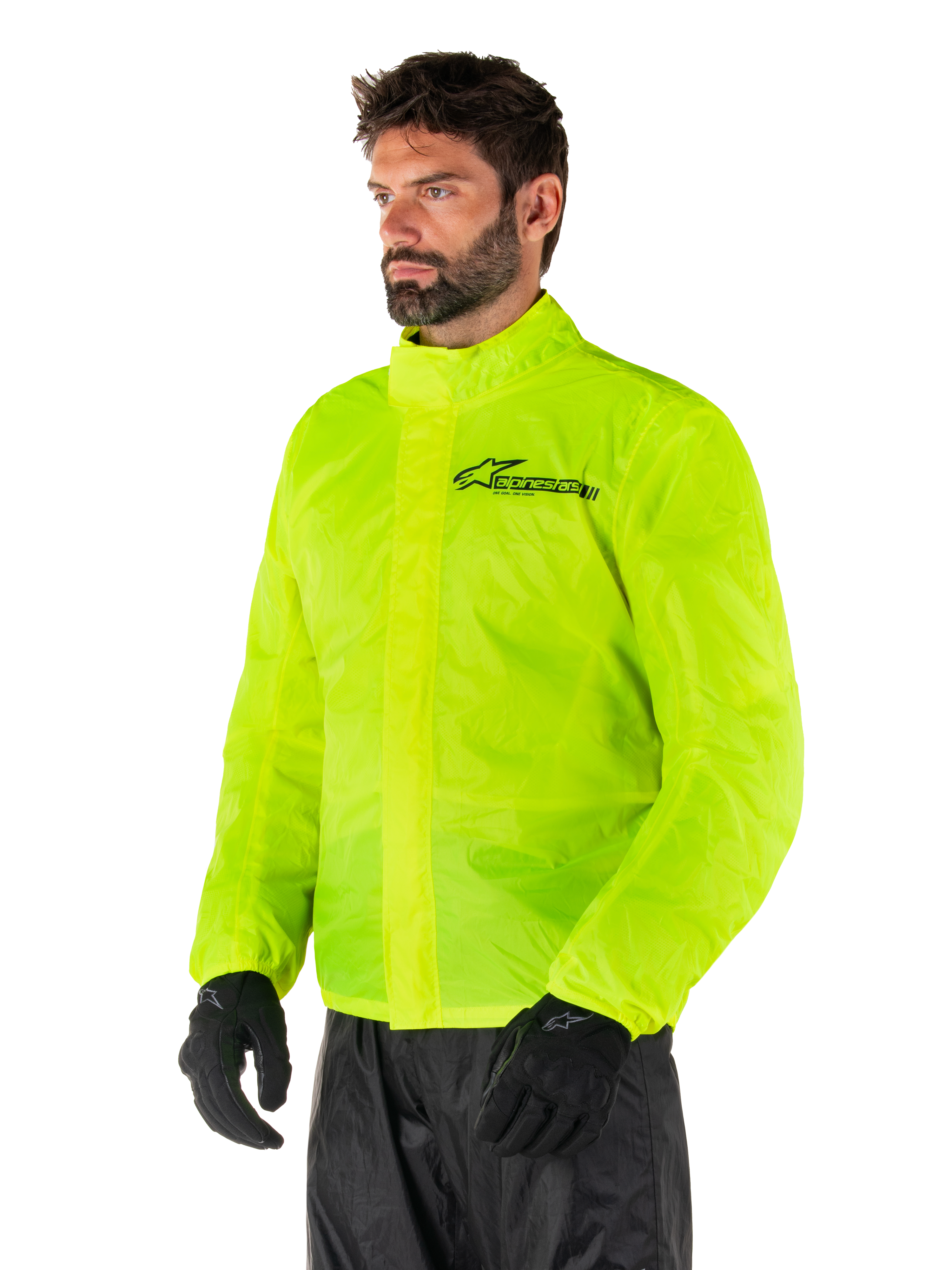 Veste Alpinestars Hurricane Rain V2, Jaune Fluo, veste de pluie moto imperméable jaune fluorescent haute visibilité, fermeture avant à double rabat, logo Alpinestars sur la poitrine, design léger et compact pour rouler par temps humide