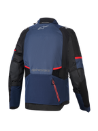 Alpinestars Andes V4 Drystar® Jacke, Rückansicht, Night Navy Mood Indigo und Schwarz, mit roten Reißverschluss-Akzenten und Streifen, großes wasserdichtes Rückfach, Alpinestars-Logo auf dem oberen und unteren Rücken, technische Adventure-Tourenjacke aus Textil.
