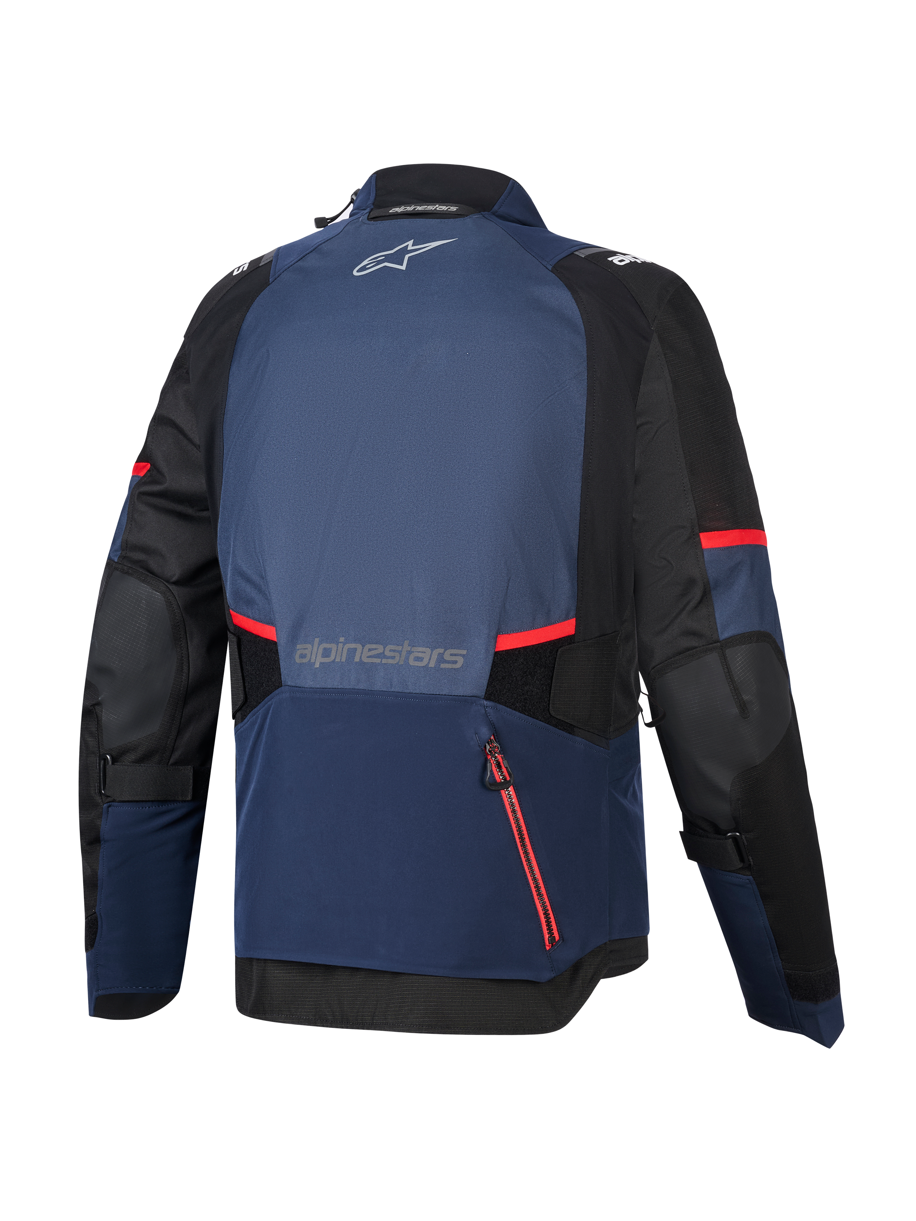 Alpinestars Andes V4 Drystar® Jacke, Rückansicht, Night Navy Mood Indigo und Schwarz, mit roten Reißverschluss-Akzenten und Streifen, großes wasserdichtes Rückfach, Alpinestars-Logo auf dem oberen und unteren Rücken, technische Adventure-Tourenjacke aus Textil.