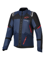 Alpinestars Andes V4 Drystar® Jacke, Motorradjacke, Night Navy, Mood Indigo und Schwarz, Vorderansicht mit roten Akzenten und weißem Alpinestars-Branding auf Brust und Schultern, strapazierfähige Textilausrüstung für Adventure-Motorradfahrten.