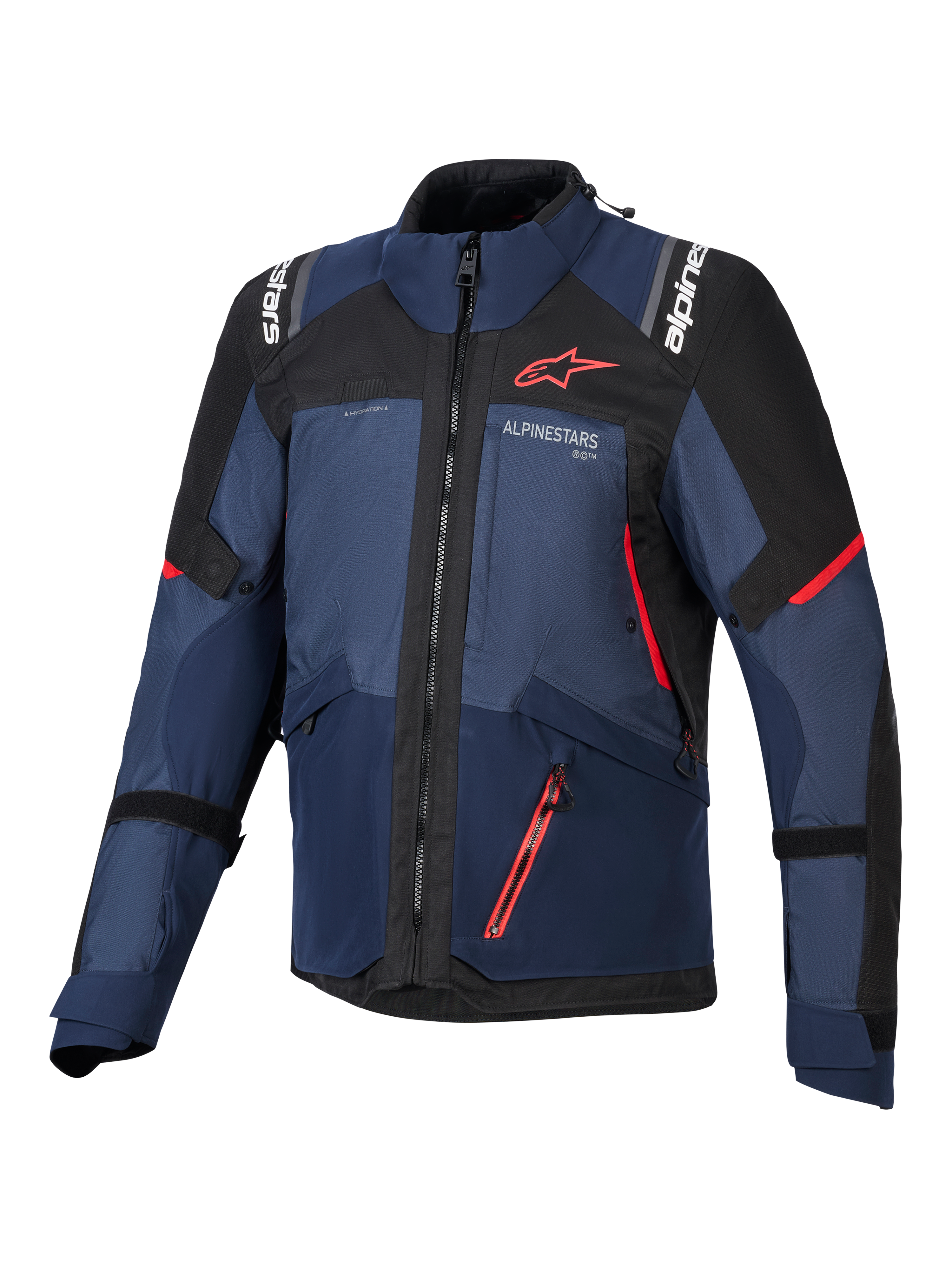 Alpinestars Andes V4 Drystar® Jacke, Motorradjacke, Night Navy, Mood Indigo und Schwarz, Vorderansicht mit roten Akzenten und weißem Alpinestars-Branding auf Brust und Schultern, strapazierfähige Textilausrüstung für Adventure-Motorradfahrten.