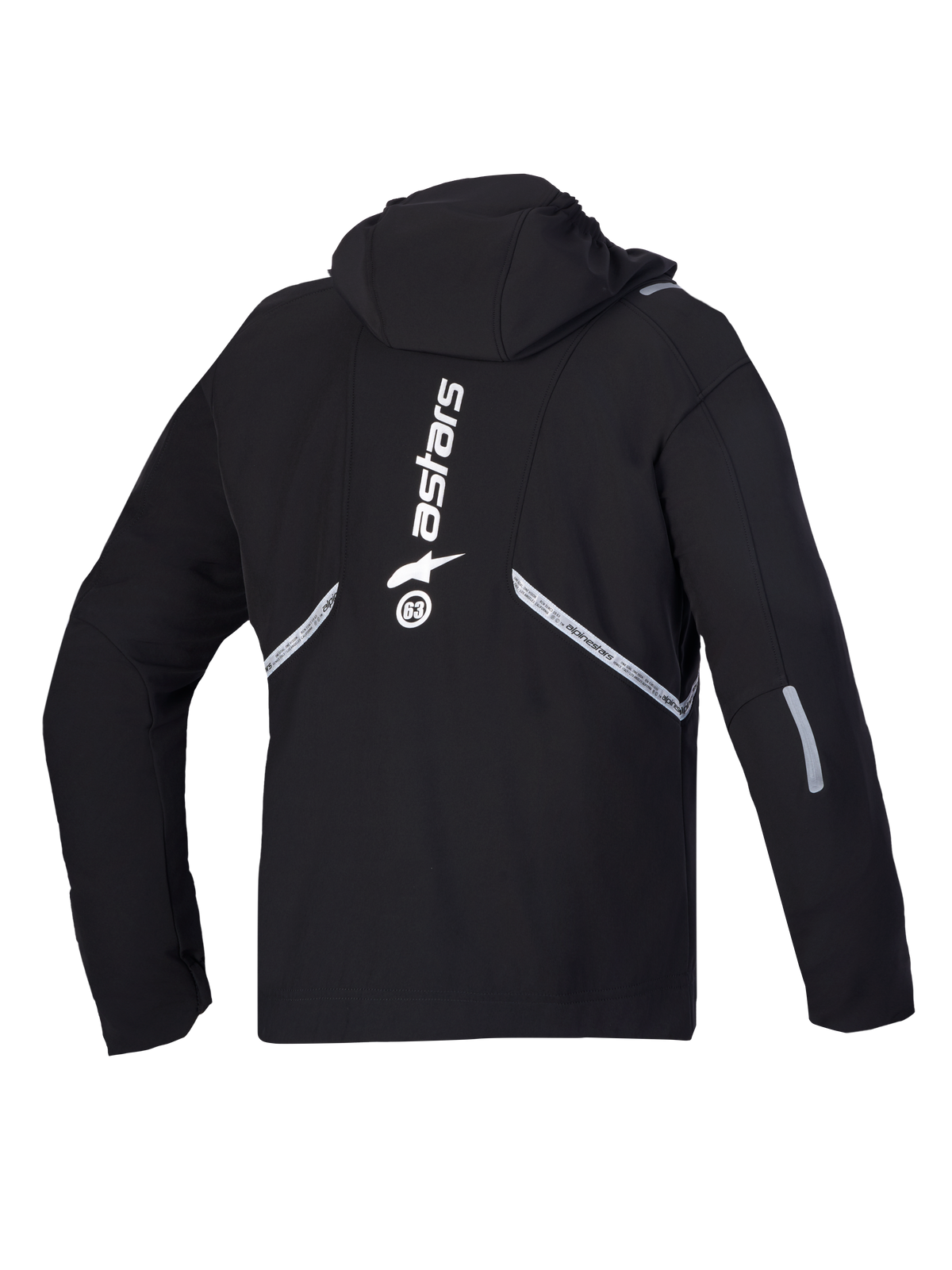 Alpinestars C-5 Drystar Jacket, Men's Black waterproof motorcycle jacket, rear view showing integrated hood and large white Alpinestars branding with reflective detailing