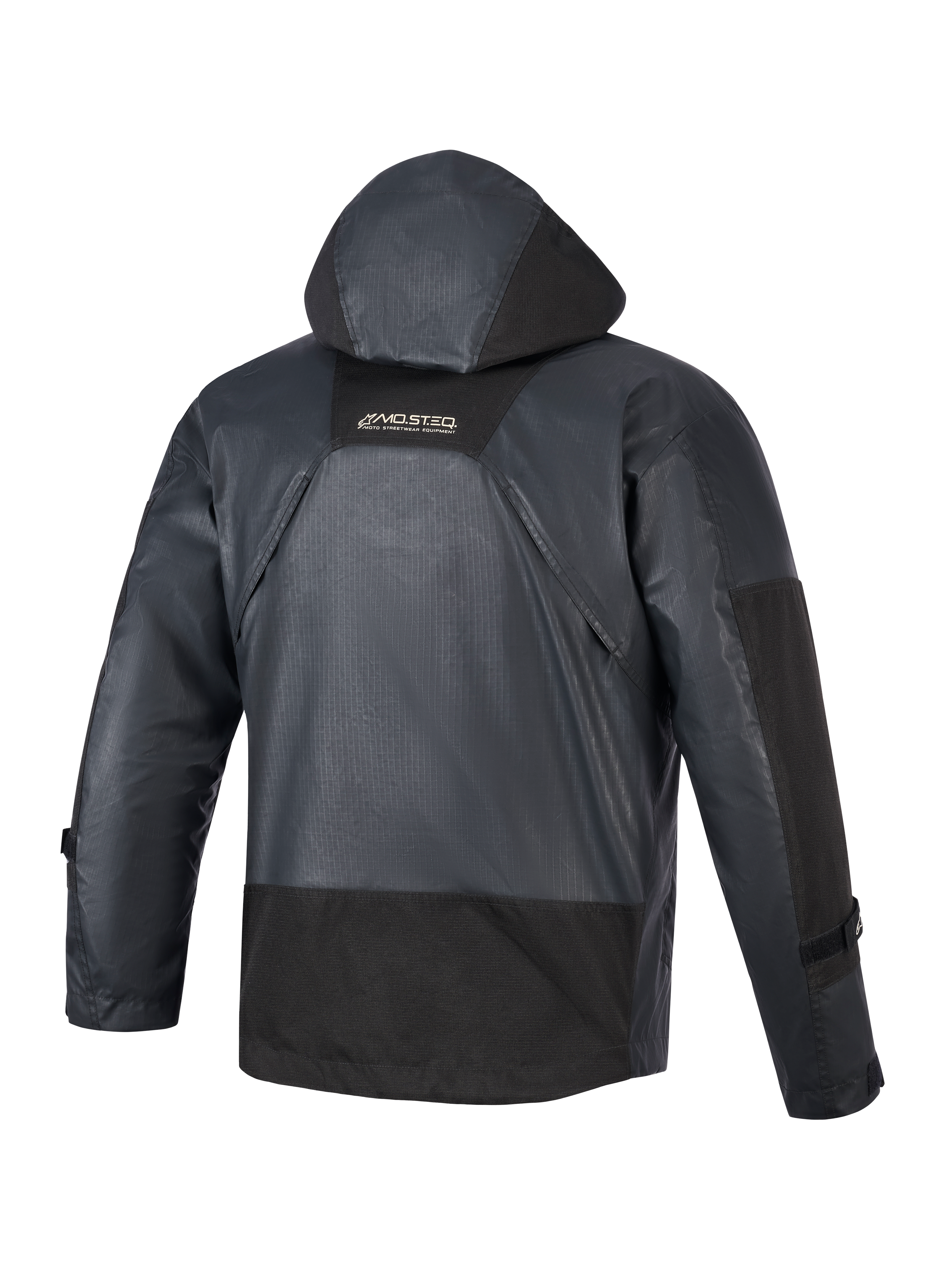 Alpinestars Mospher Wasserdichte Jacke, Motorrad-Parka, Schwarz, Rückansicht mit integrierter Kapuze und Ripstop-Gewebe-Konstruktion, MO.ST.EQ-Branding am oberen Rücken, taktisches urbanes Design für Fahrten bei jedem Wetter
