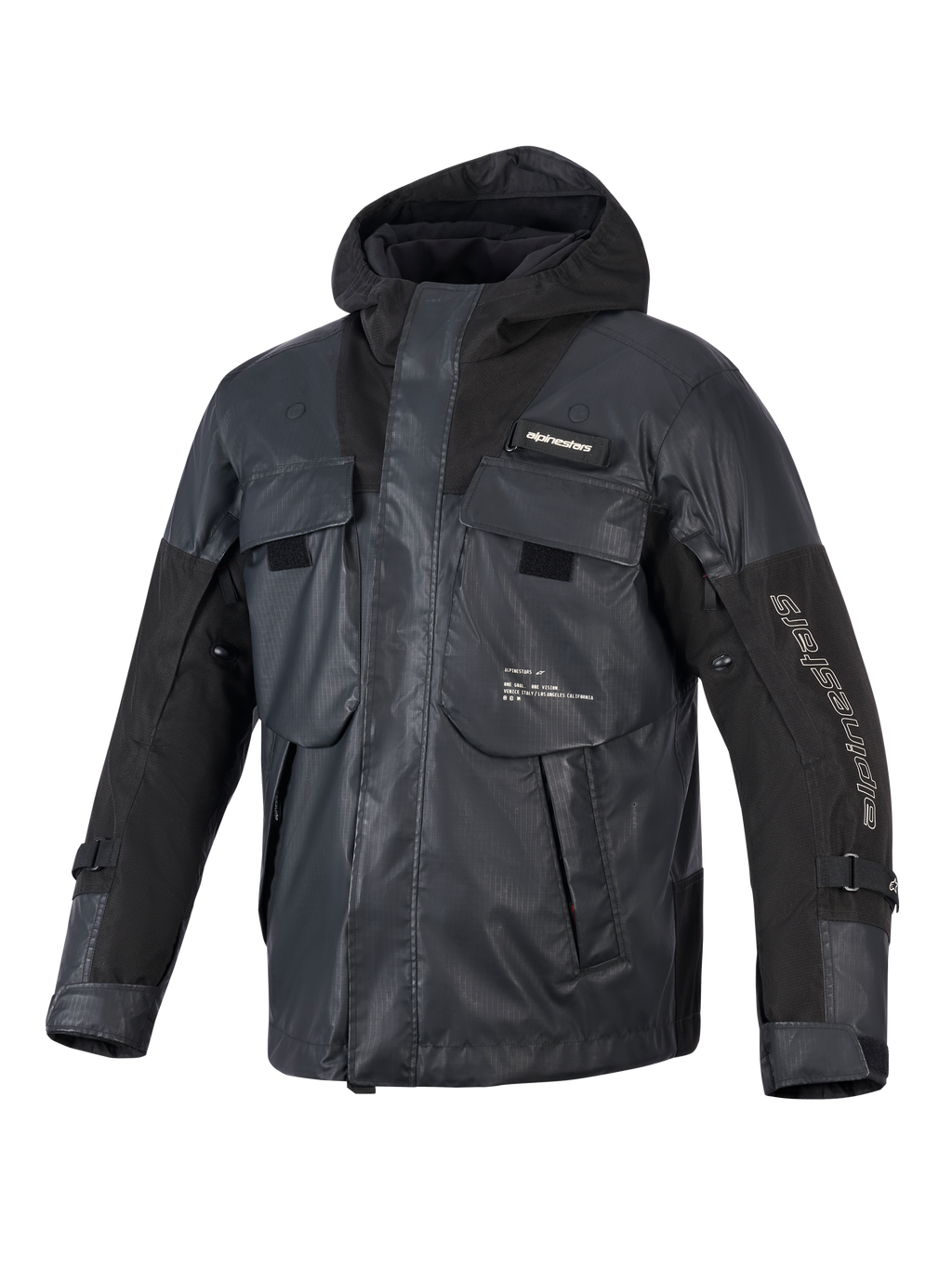 Alpinestars Mospher Waterproof Jacke, schwarzer Motorrad-Parka, taktisches Utility-Design mit mehreren großen Taschen, Ripstop-Textilkonstruktion, integrierte Kapuze, weißes Alpinestars-Branding am Ärmel und auf der Brust