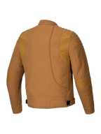 Veste Alpinestars Clayton WR, veste de moto, brun et or clair, vue de dos montrant le rembourrage matelassé sur les épaules et les coudes, lignes ergonomiques incurvées et sangles de réglage à la taille, équipement de moto urbain